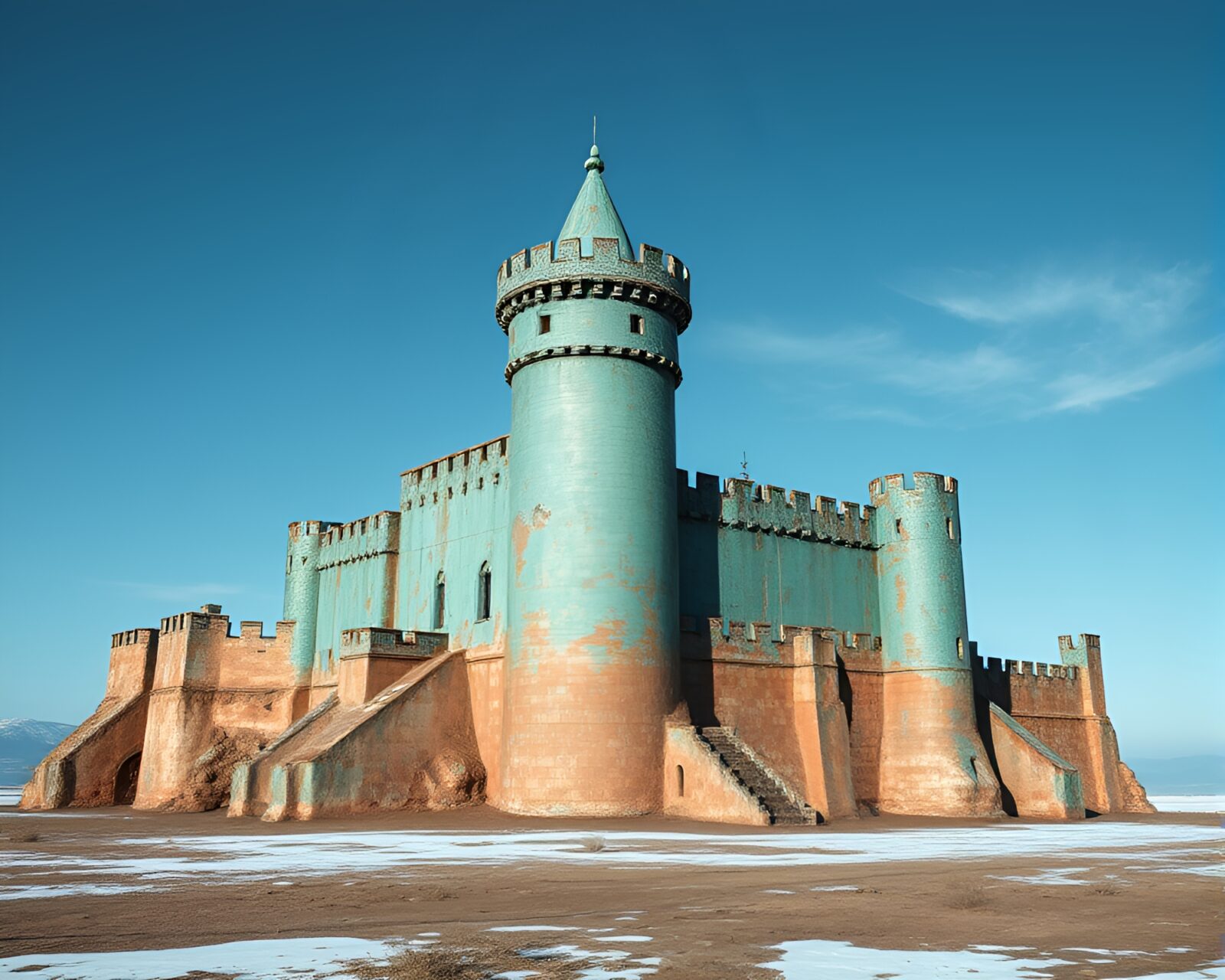 Hyper-realistic image of deserted castle with icy-blue tint
