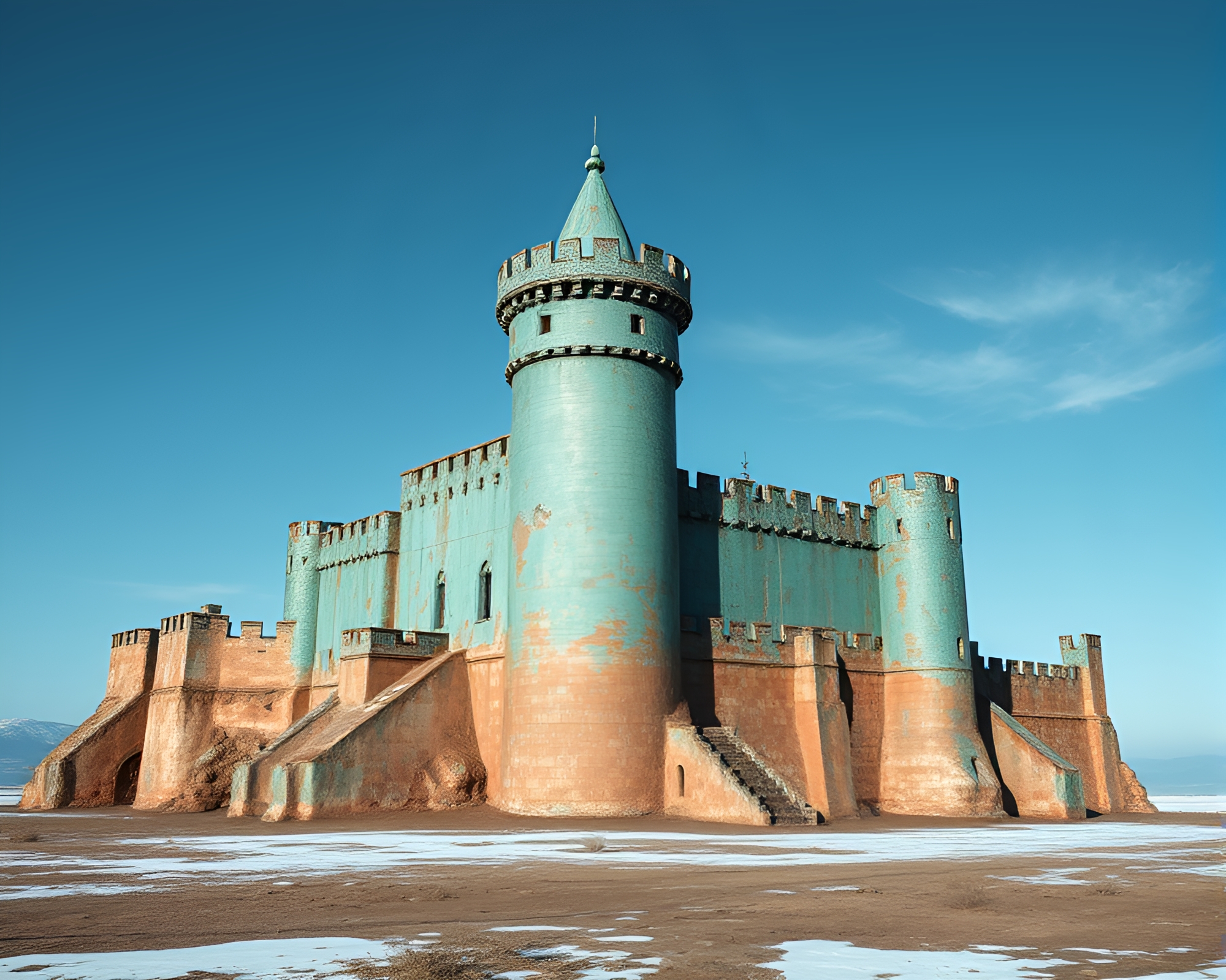 Ethereal Copper Verdigris Castle in Ice-Blue Desert – free AI stock image