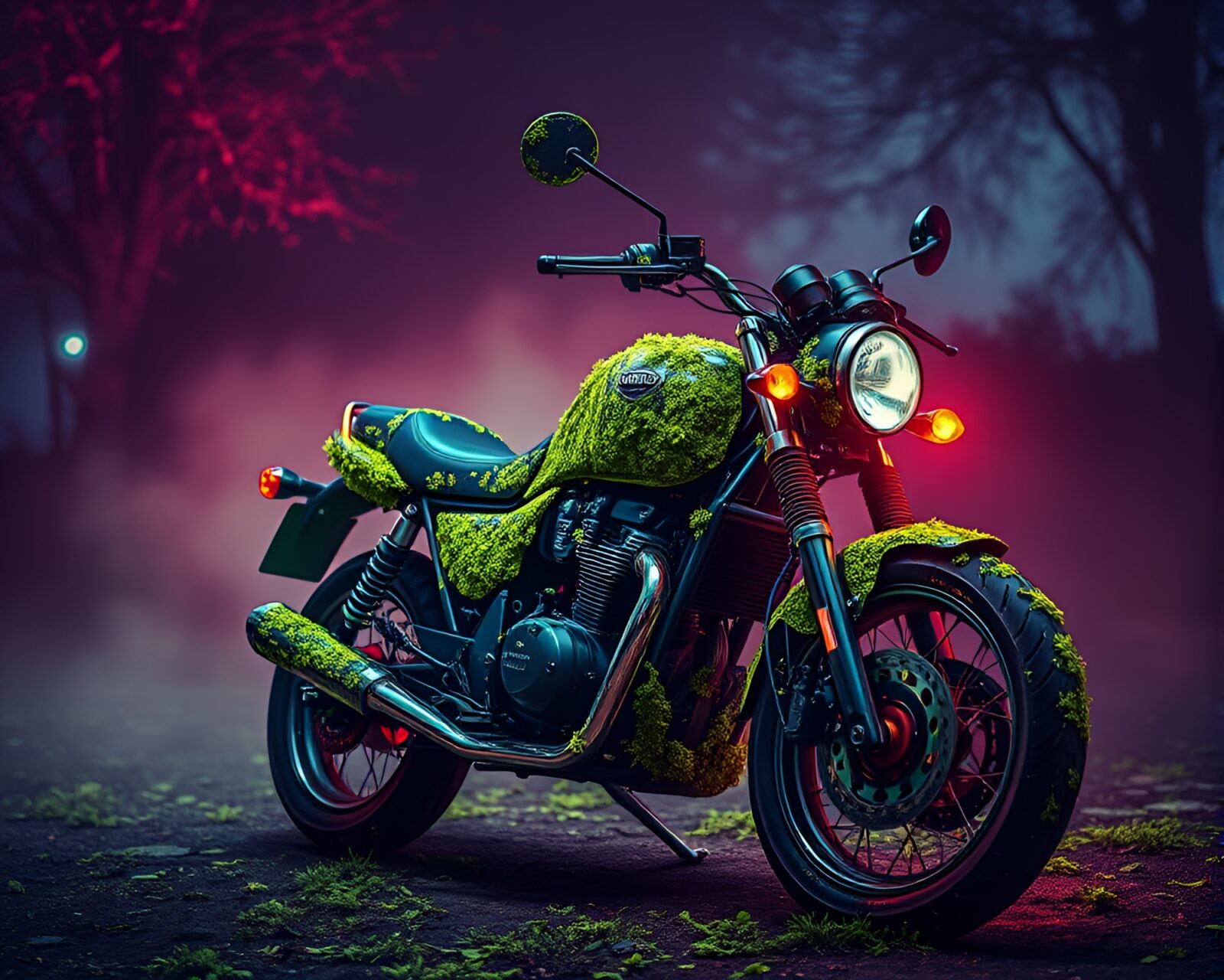 Vibrant motorcycle glowing in neon lights under digital sky