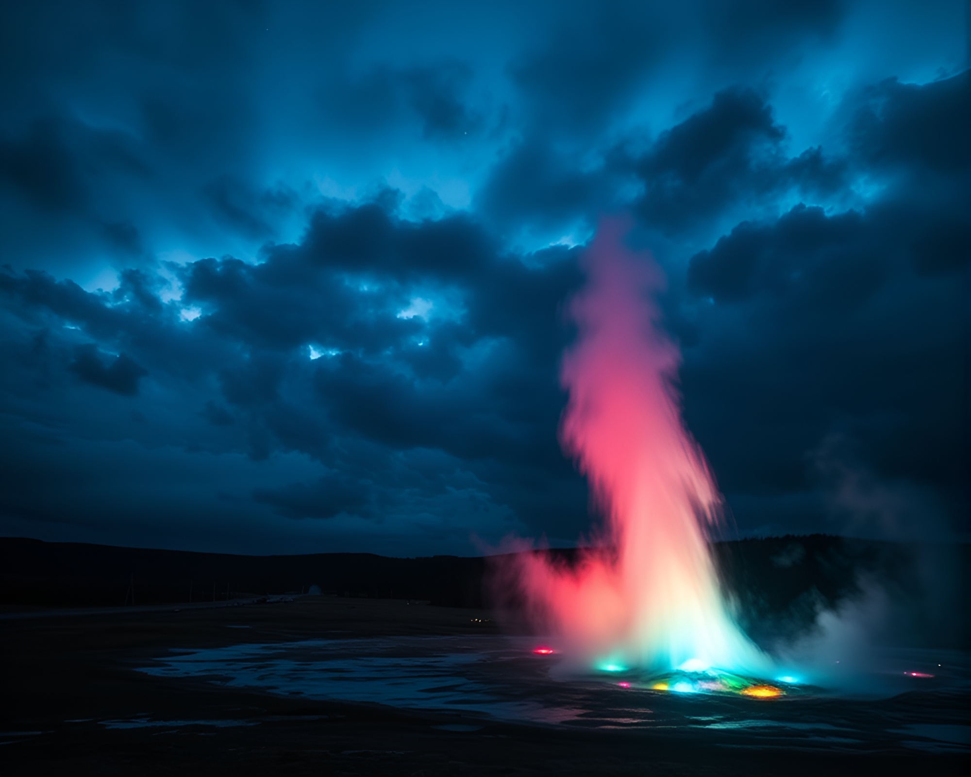 Geyser Field Illuminated by LED Cloud Rim Lighting – free AI stock image