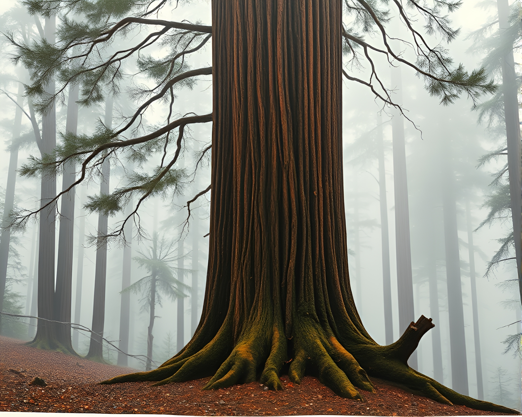 Redwood Tree Collage in Fog with Calligraphy Touch – free AI stock image