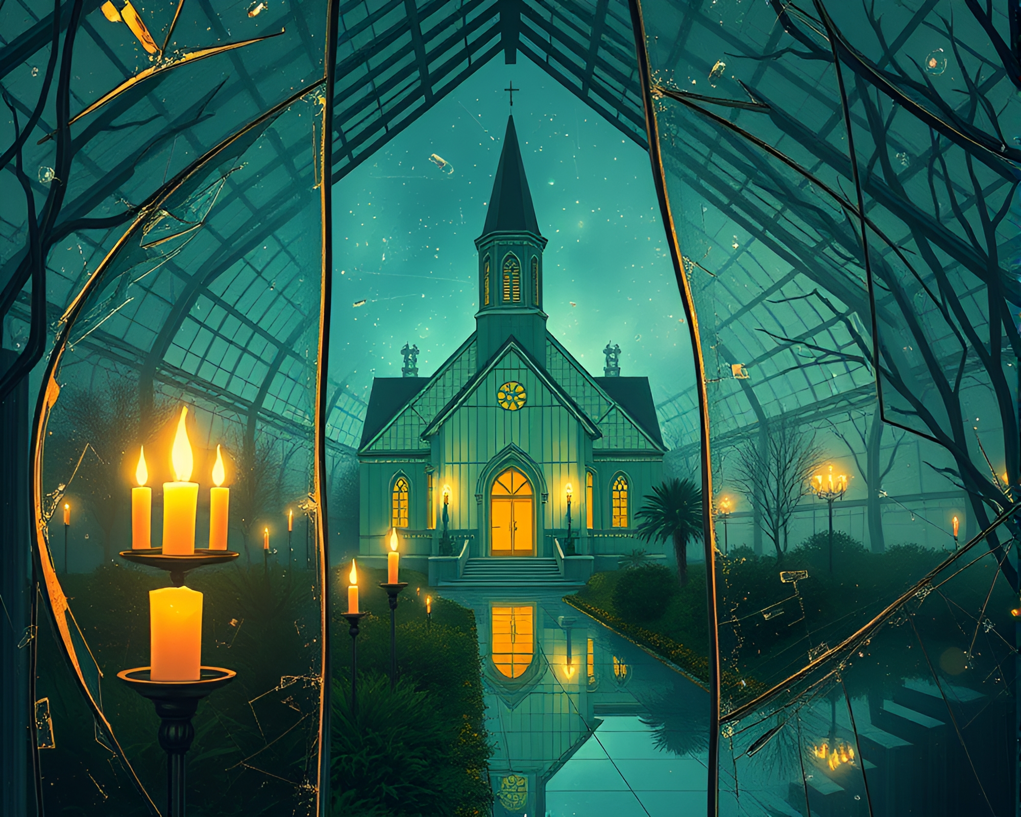Futuristic Glass Greenhouse Reflection in Candlelight – free AI stock image