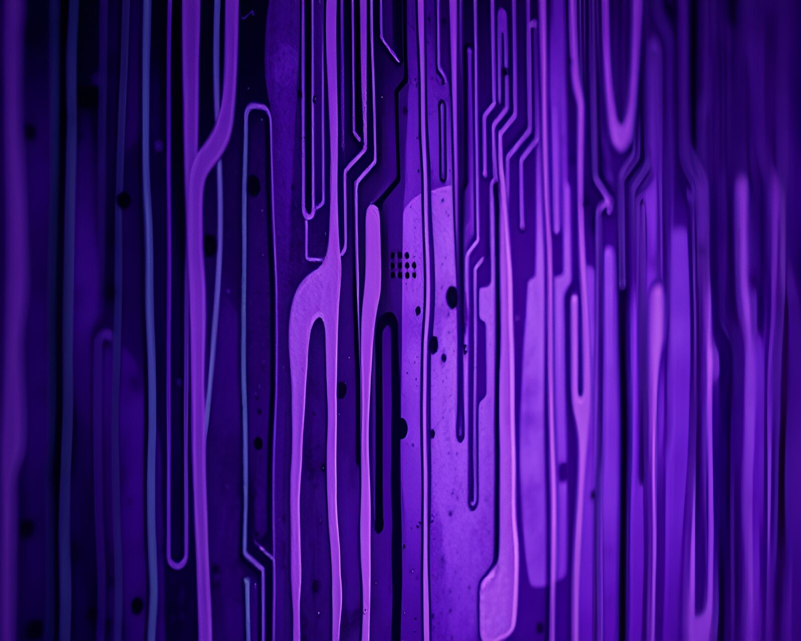 Vibrant amethyst-hued graffiti dripping down intricate circuit board pattern