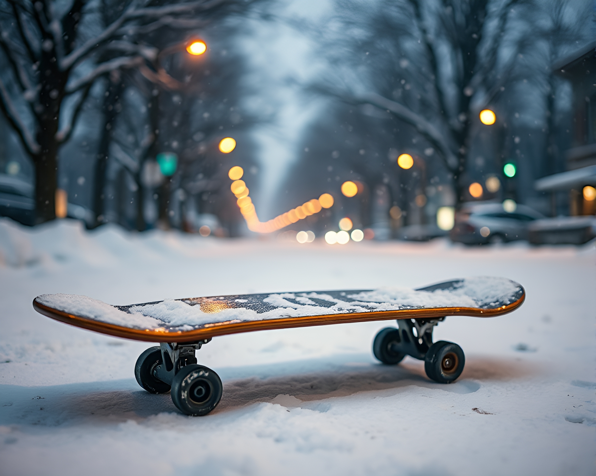 Bronze Patina Skateboard in Snow-Kissed Light – free AI stock image