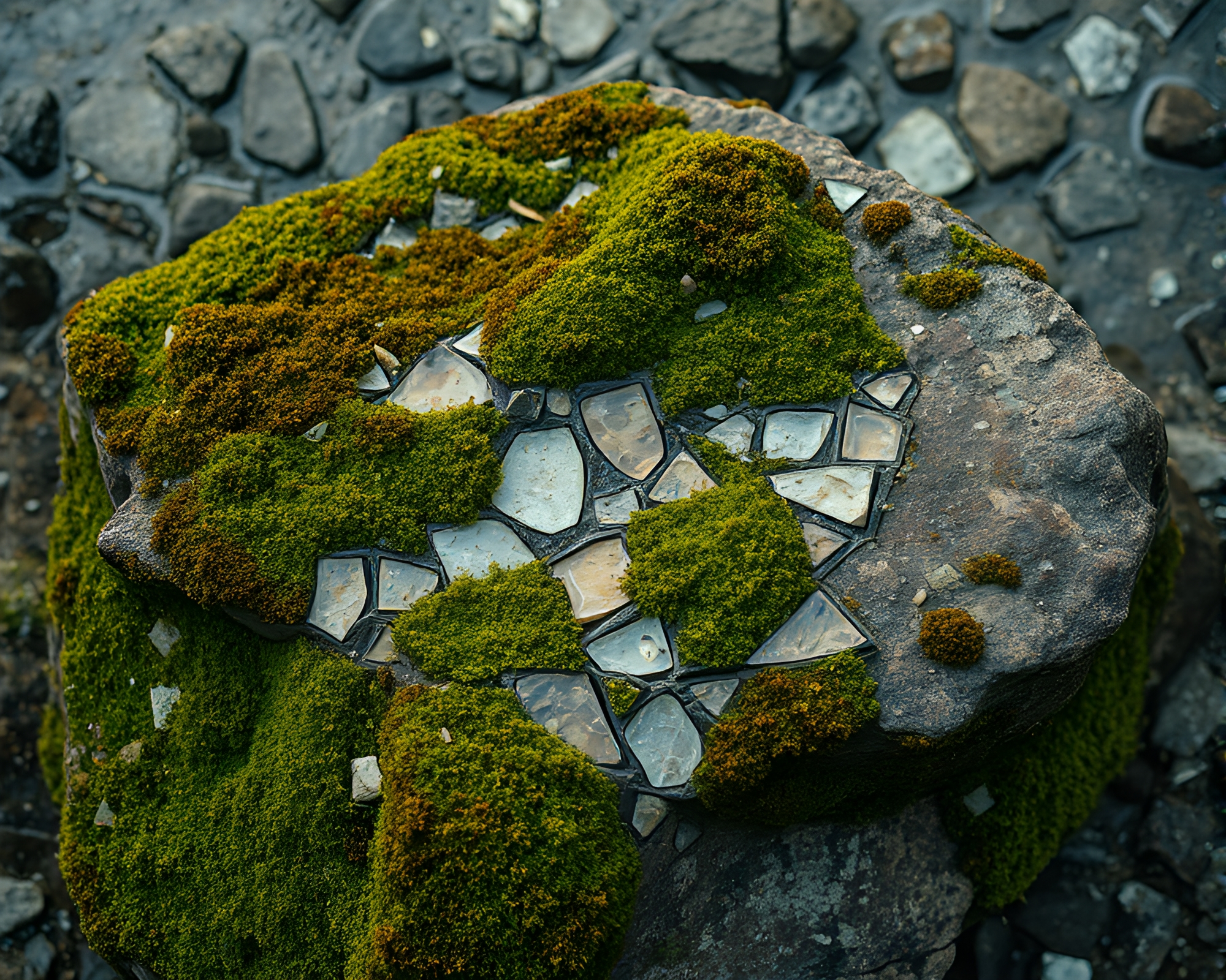 Moss-Covered Rock Mosaic: Oil-Rich Textured Double Exposure – free AI stock image