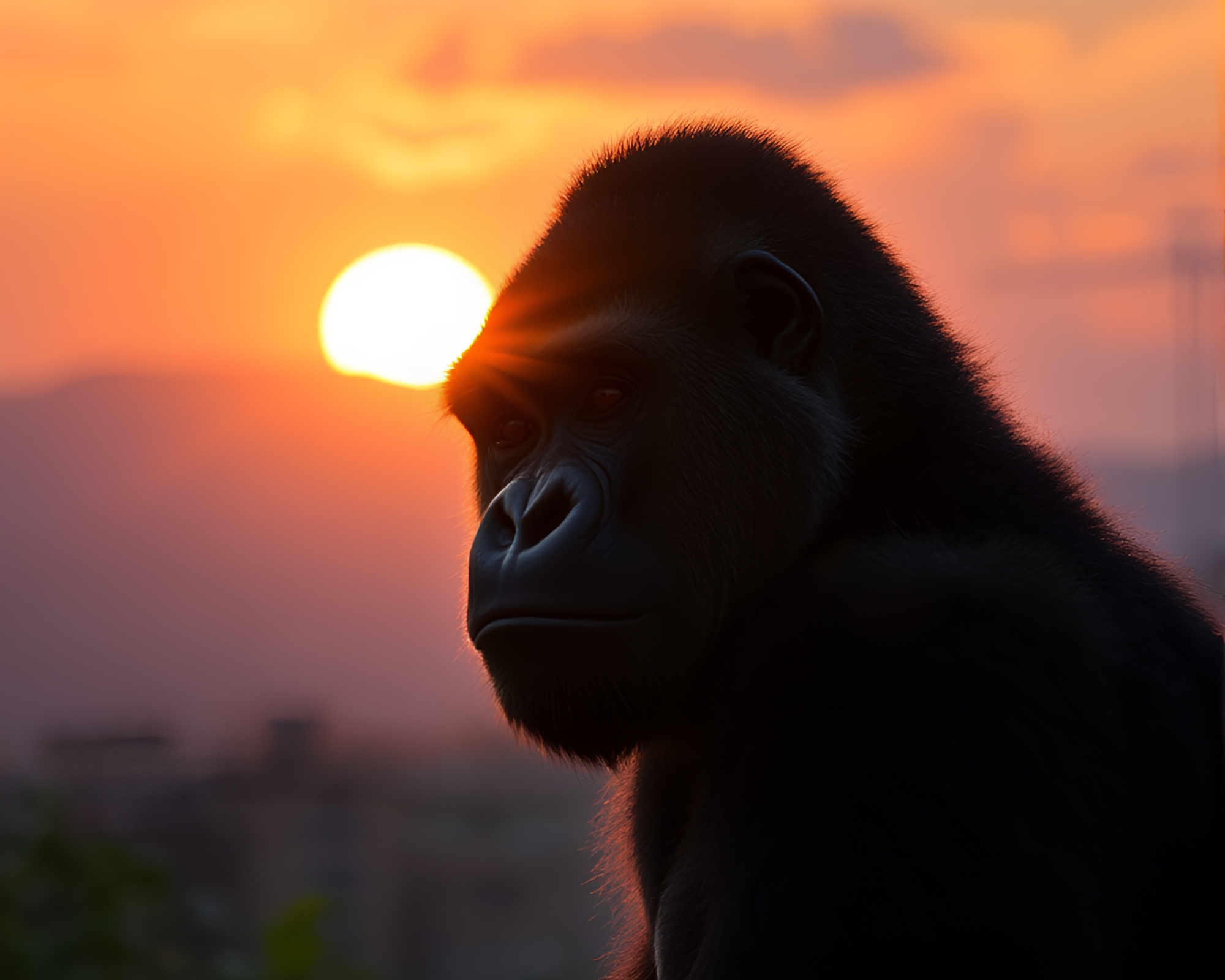 Gorilla Silhouette at Sunset with Sunburst Lens Flare – free AI stock image