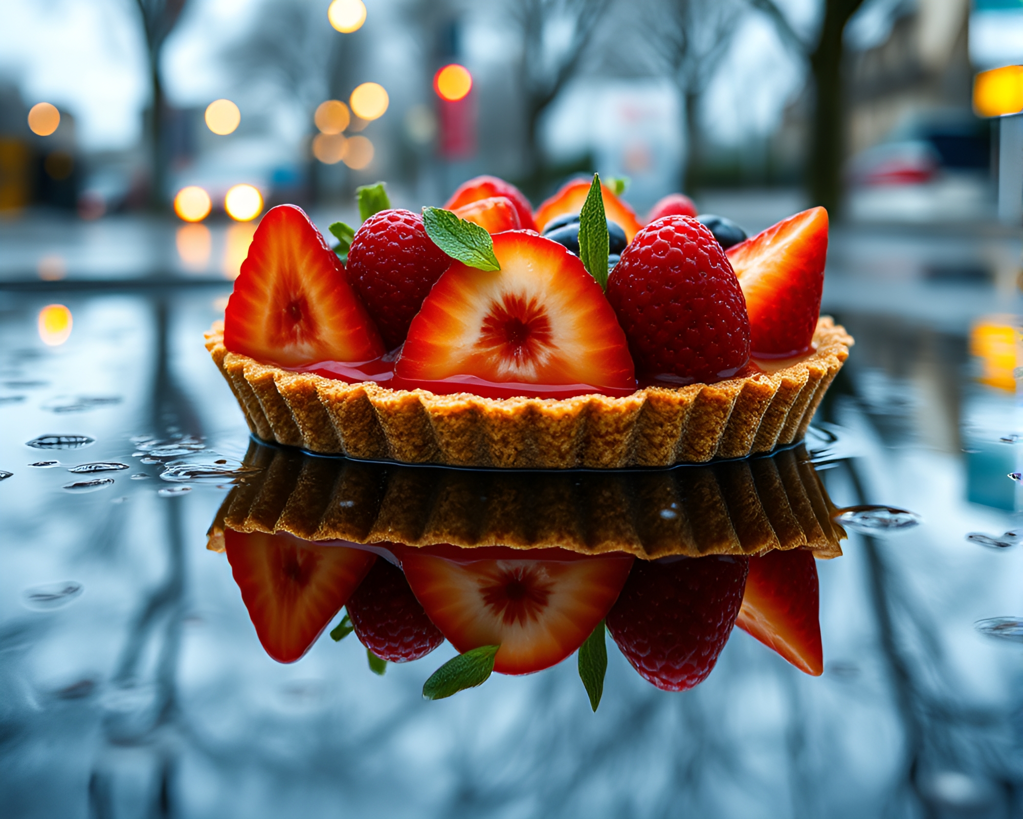 Rainy Day Blueprint: Fruit Tart Reflections – free AI stock image