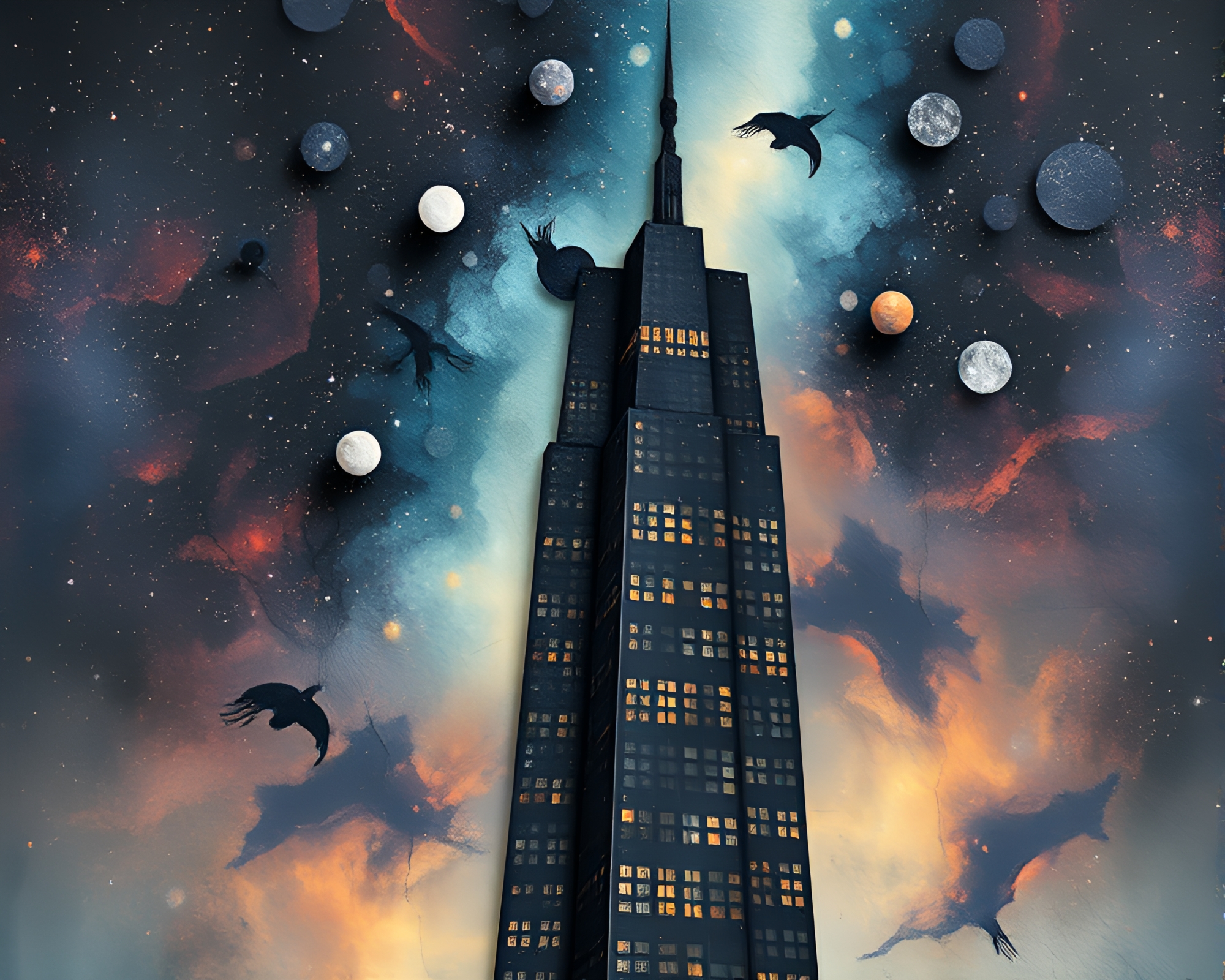 Torn Paper Skyscraper amidst Cosmic Grisaille Nebula – free AI stock image