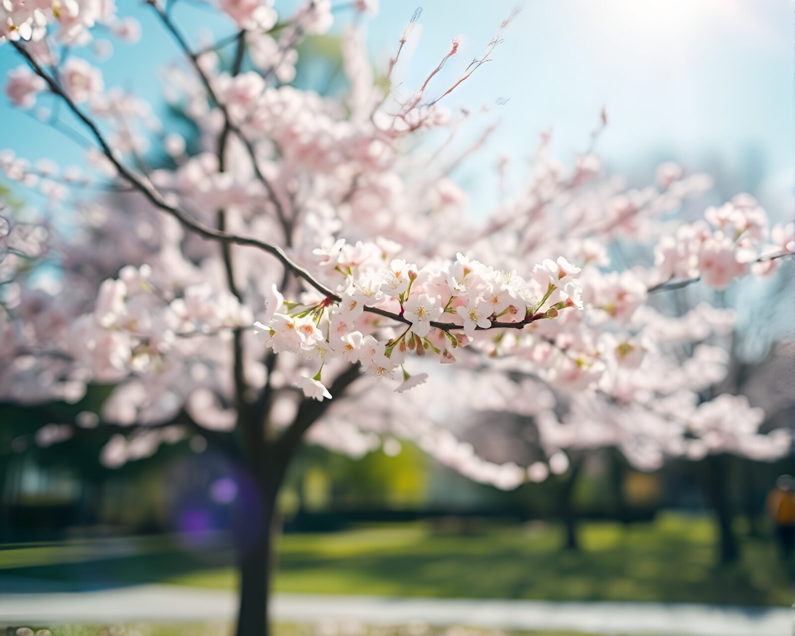 Soft-focused cherry blossom tree with lens flare bursts