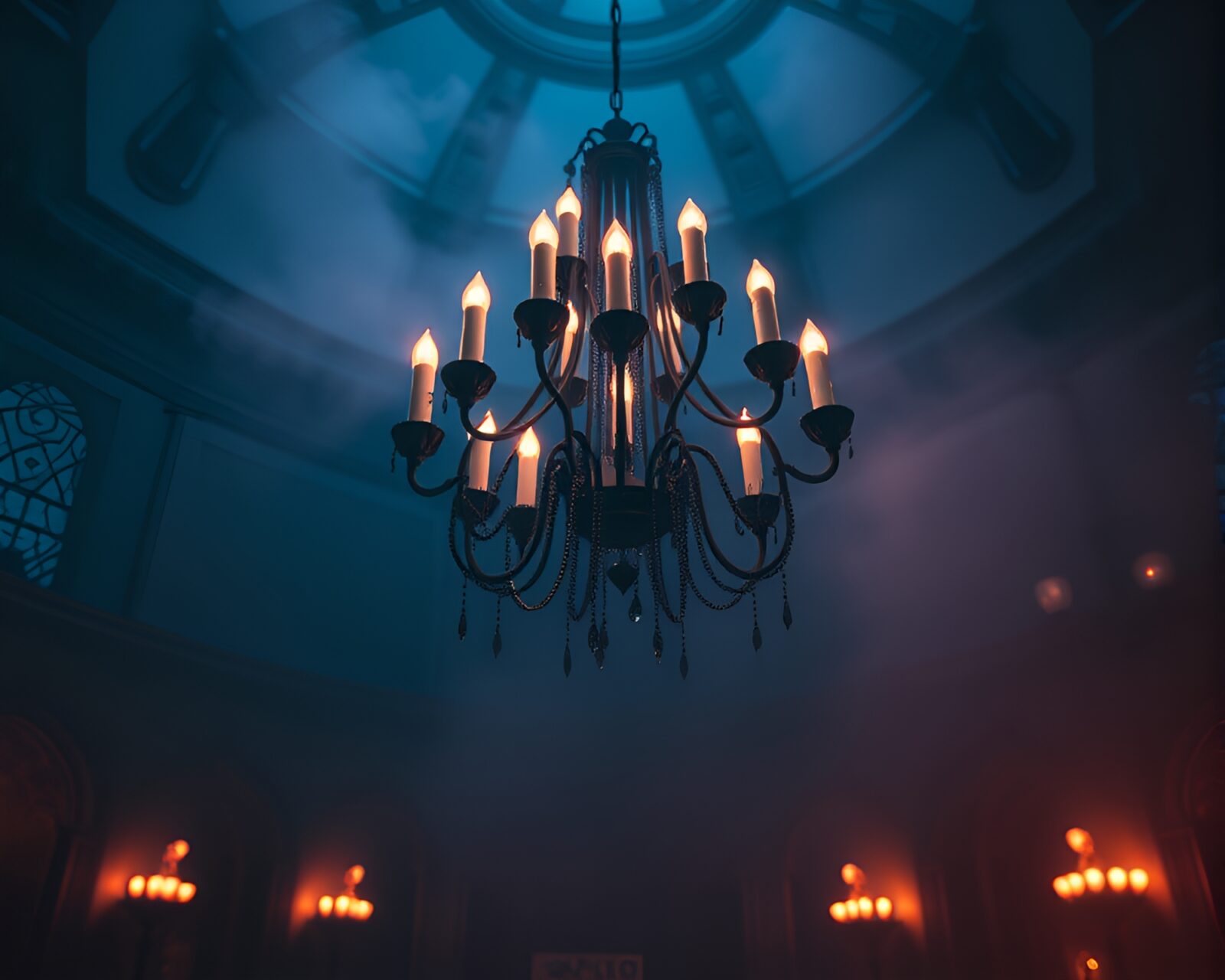 Ethereal scene of a glowing gothic chandelier in haze