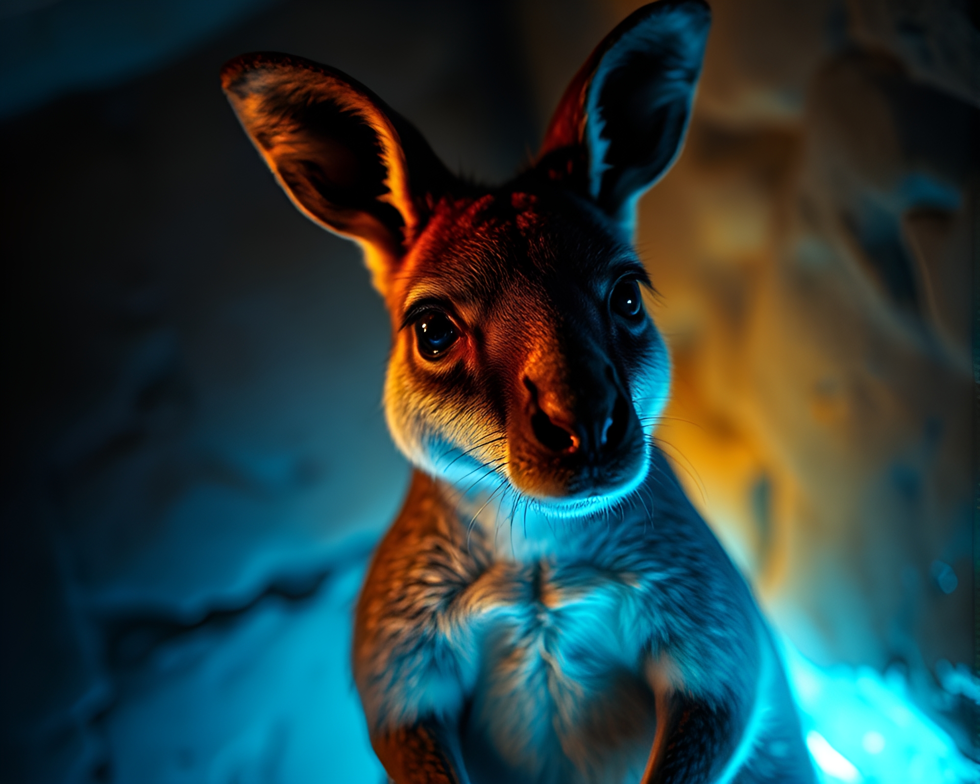Holographic Kangaroo in Dungeon Torchlight Composition – free AI stock image