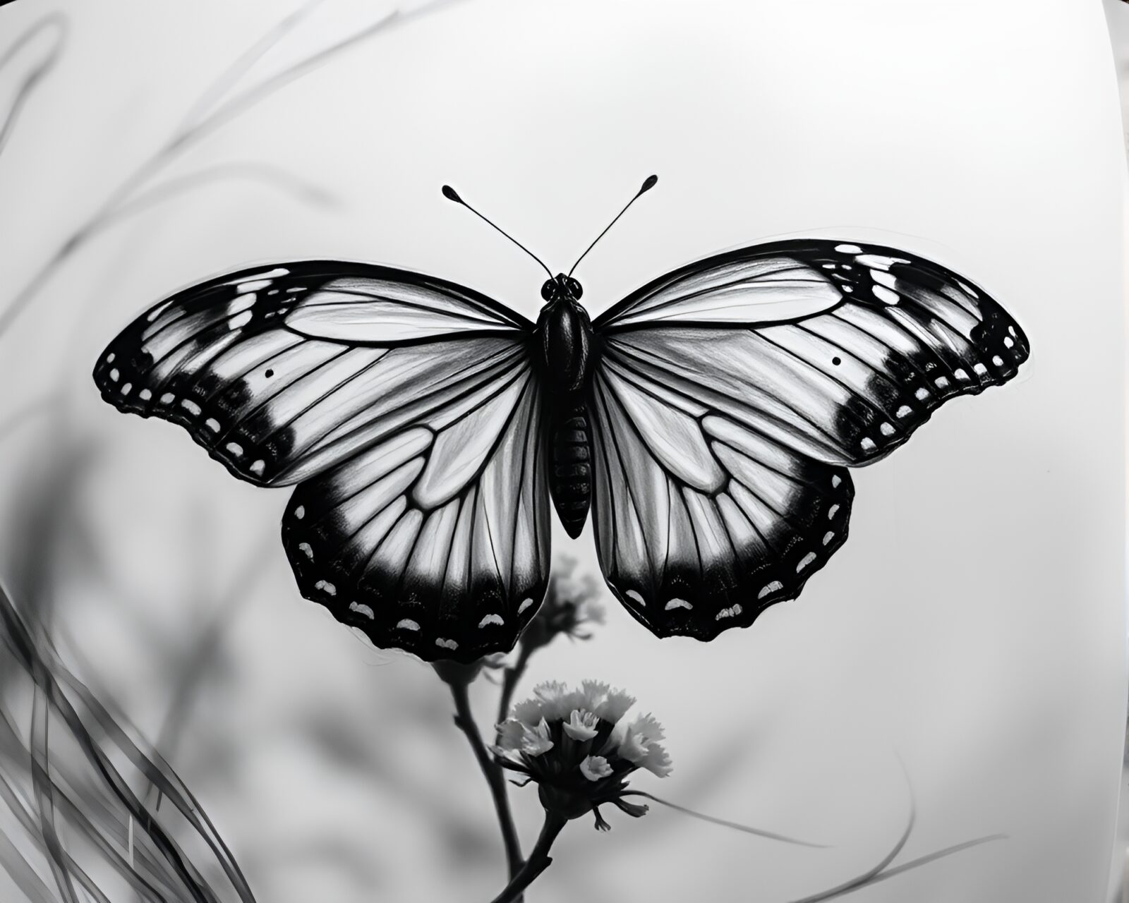 Surreal fisheye image of a silk butterfly surrounded by shadows