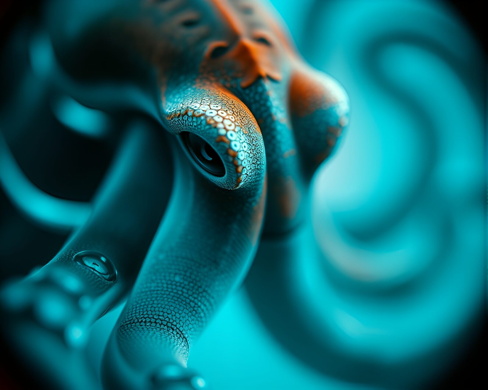 A stunning teal-lit underwater scene with an elegant calligraphy-style octopus split by focus diopter.