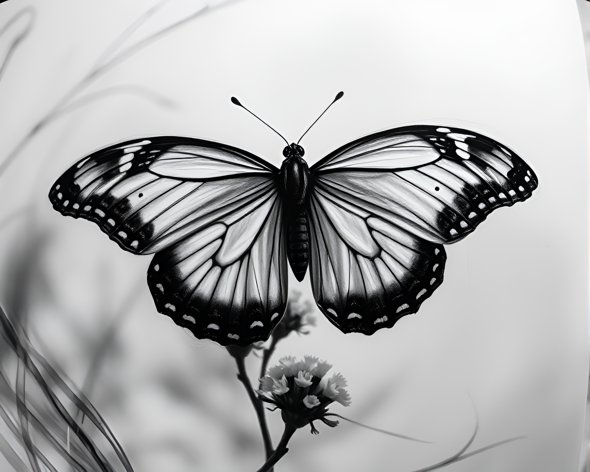 Silk Butterfly Under Fisheye Charcoal Sketch – free AI stock image