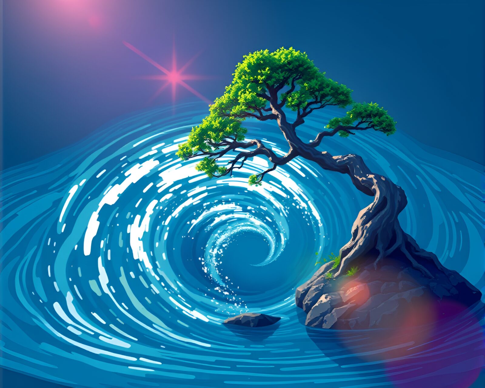 16-bit rendition of bonsai tree amid swirling water vortex