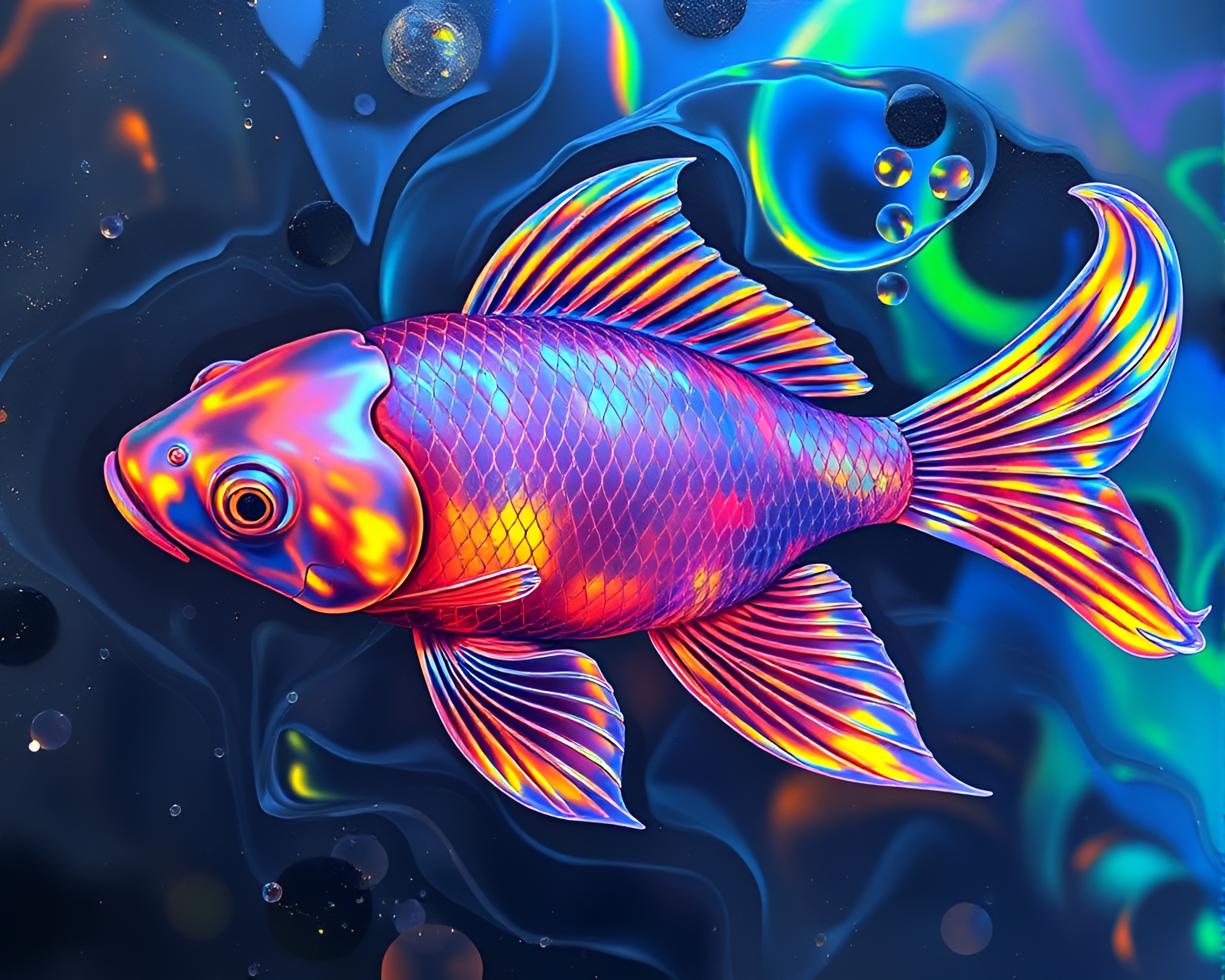 Koi fish swimming in volcanic ash tinged iridescence – free AI stock image