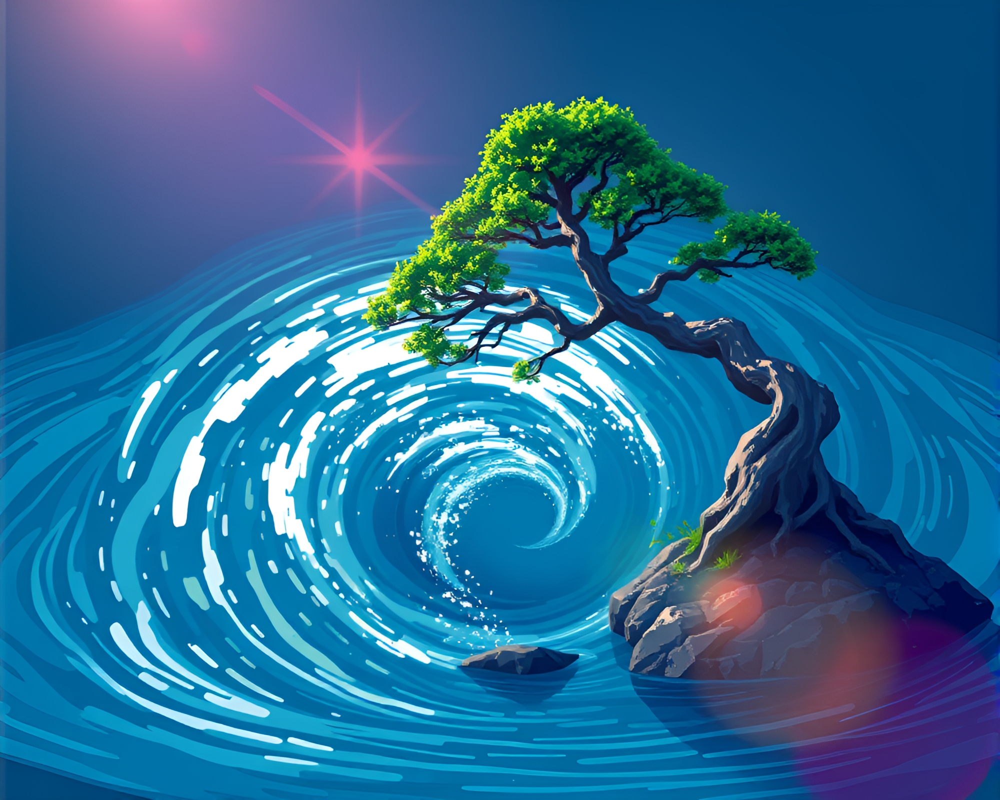 Mesmerizing Water Whirlpool Surrounds Bonsai in Retro Art – free AI stock image