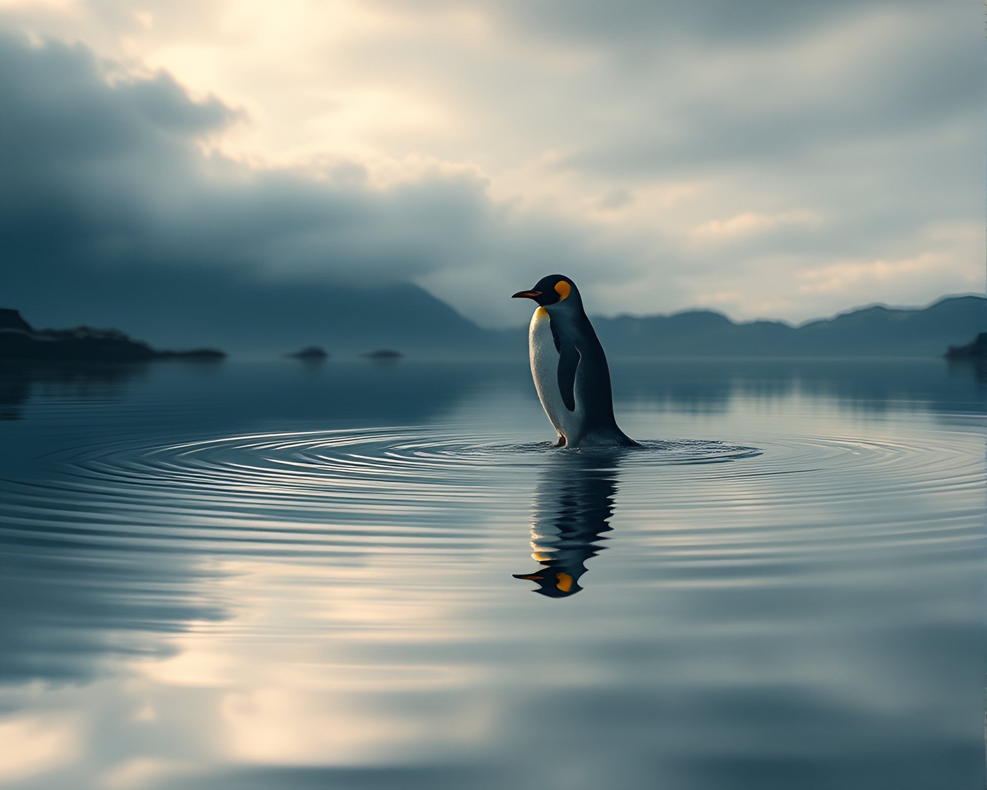 Penguin Glitch Art Reflecting in Volcanic Ash Water – free AI stock image