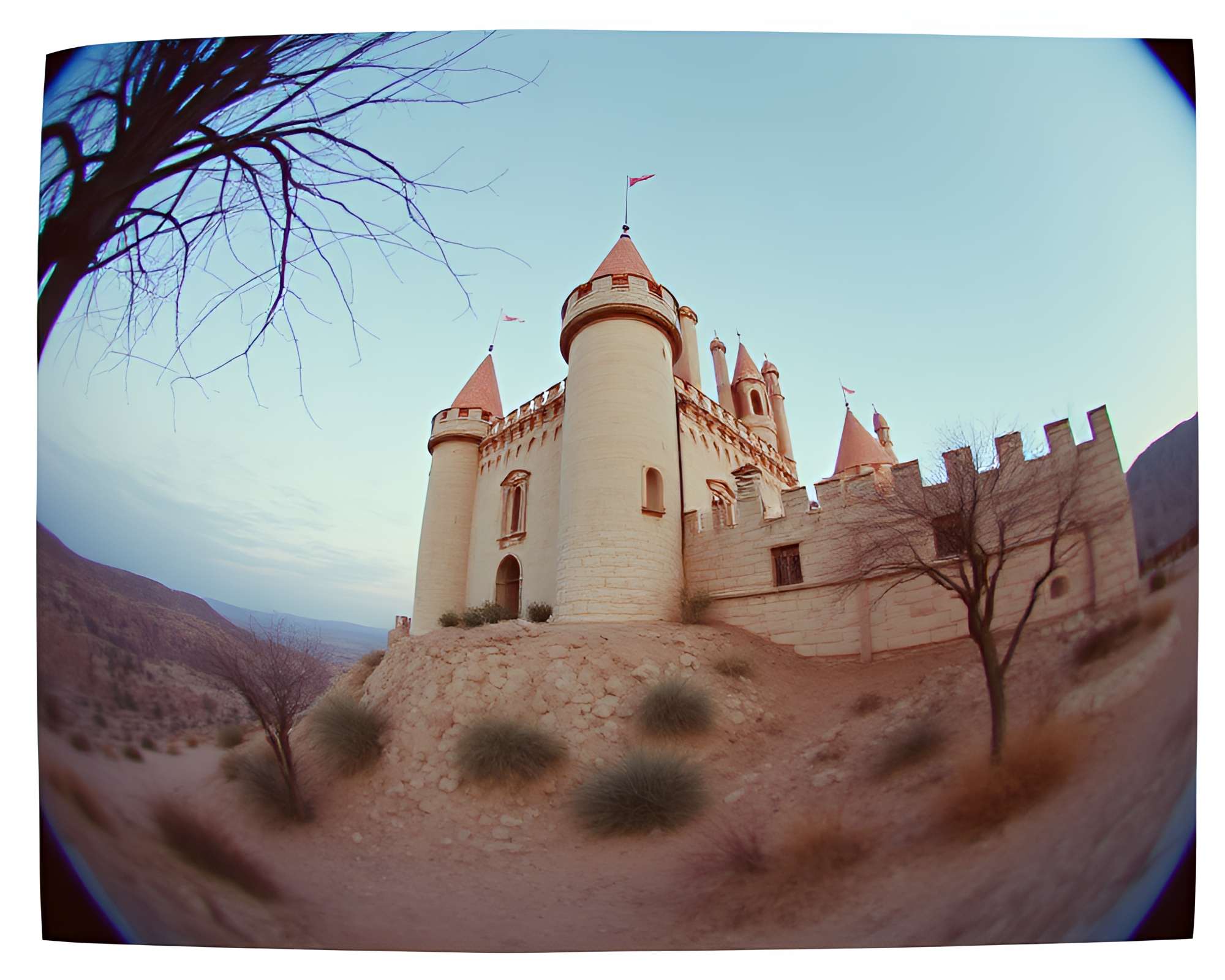 Fisheye Deserted Castle in 90s Grunge Style – free AI stock image