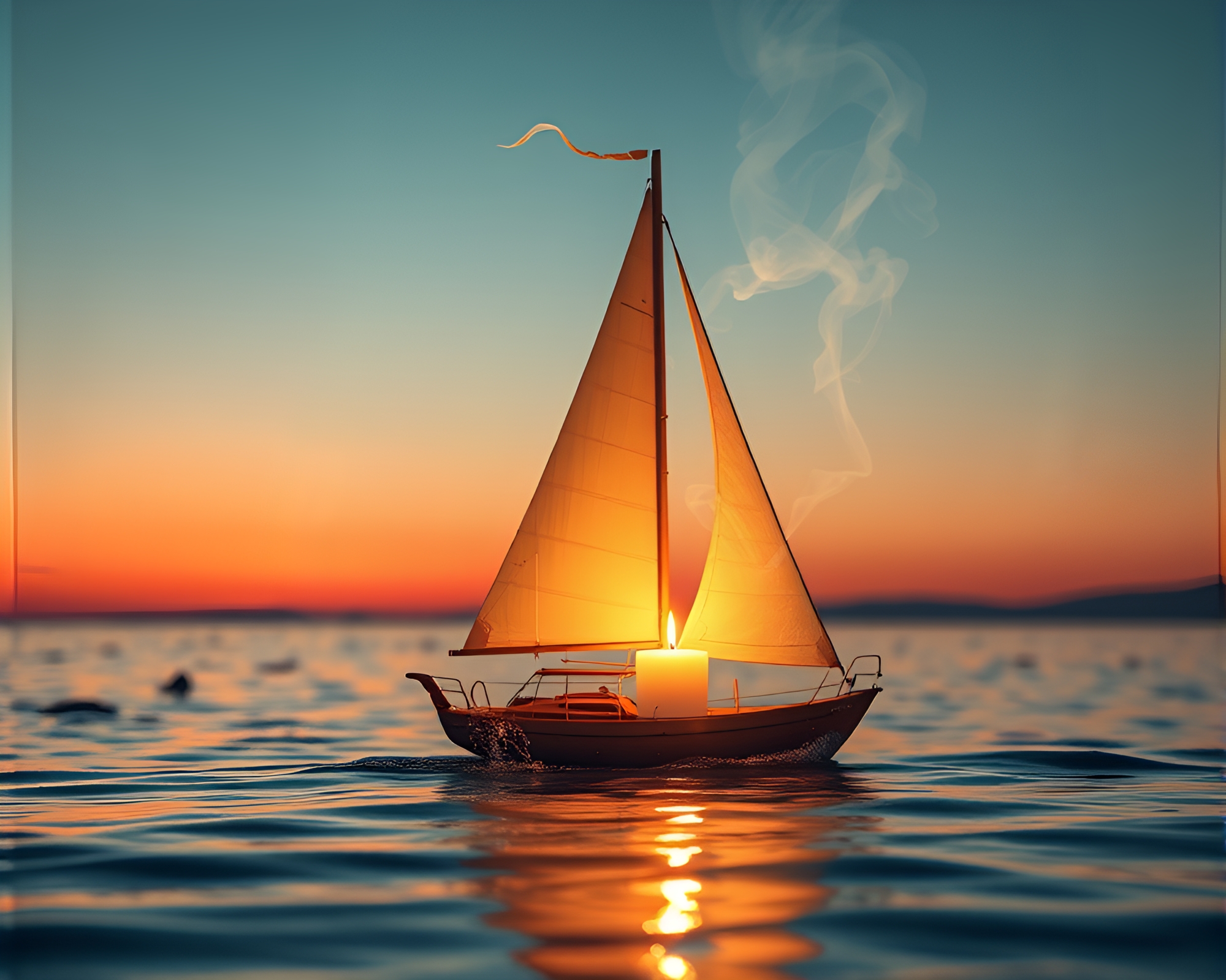 Solar Sailboat Drifting through Candle Smoke Horizon – free AI stock image