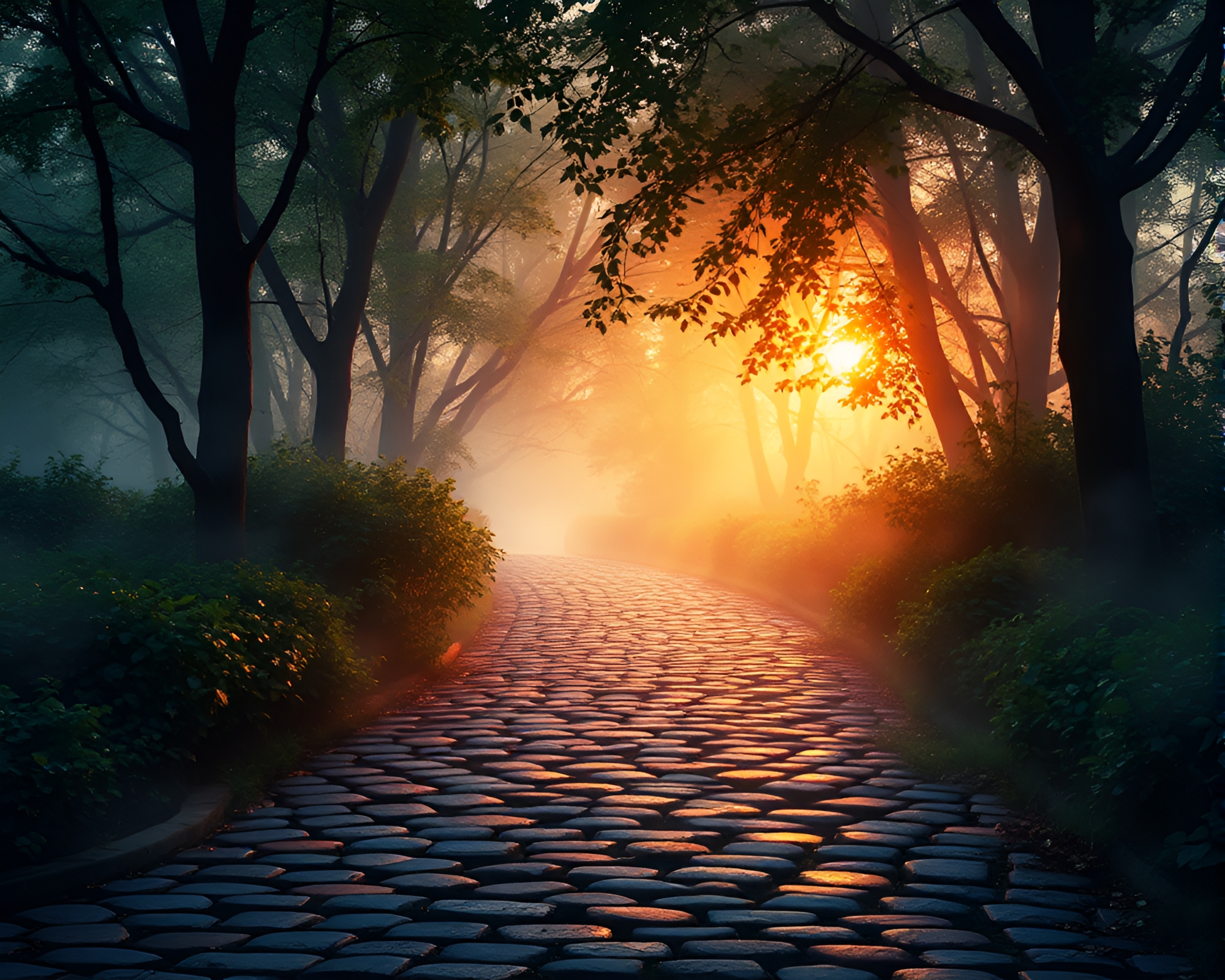 Enchanted Cobblestone Path at Dawn With Stained Glass Effects – free AI stock image