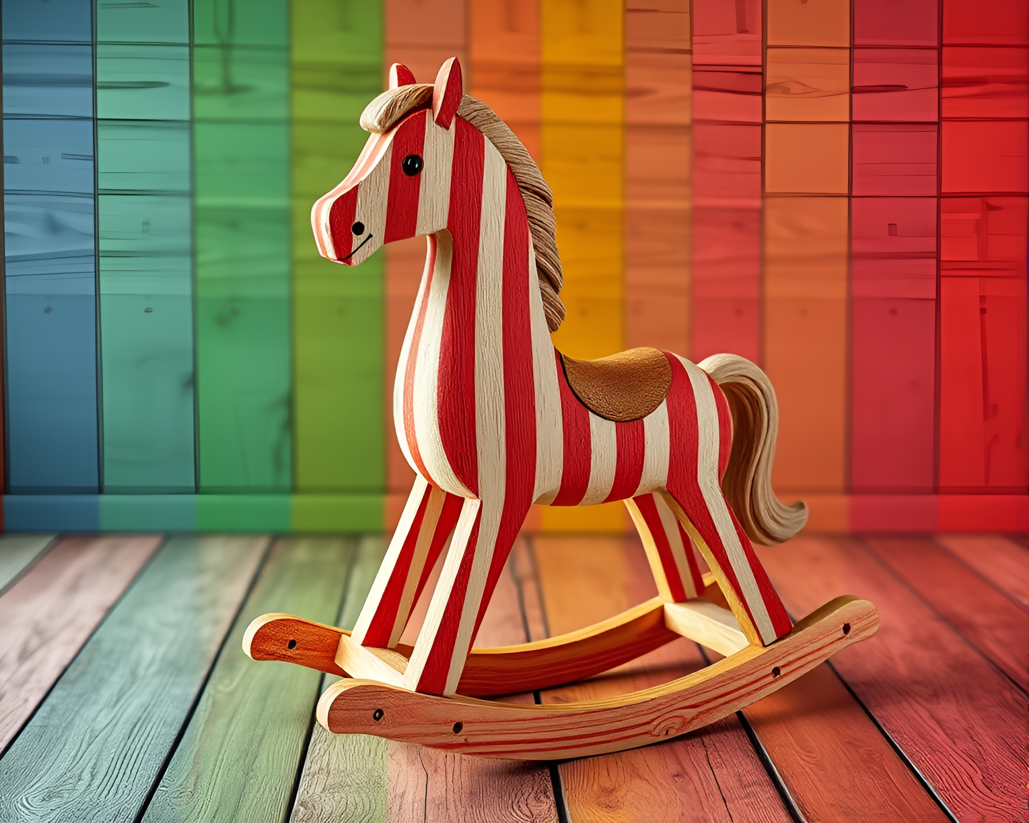 Vintage Wooden Rocking Horse with Striped Pattern Design – free AI stock image