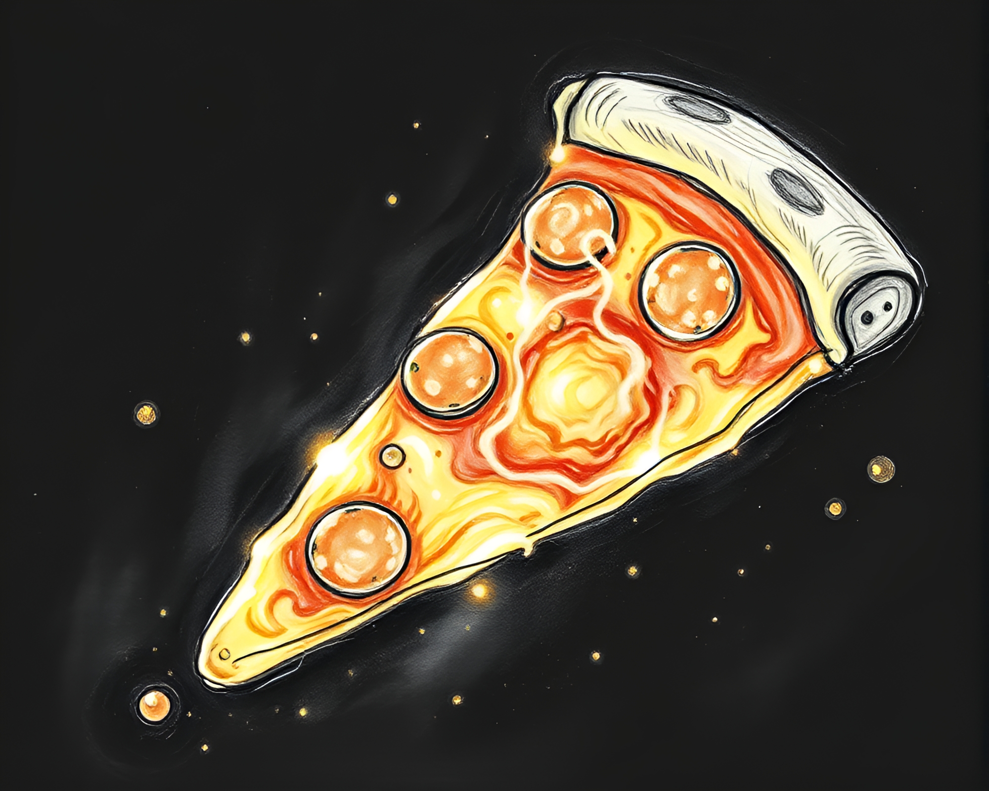 Bioluminescent Pizza Slice with Floating Particles Charcoal Sketch – free AI stock image