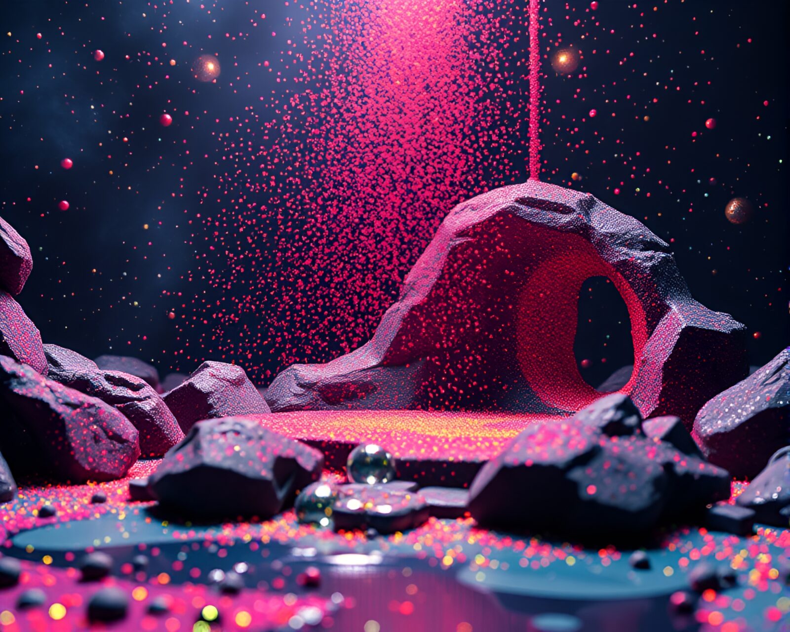 Colorful stop-motion space habitat with glittery spray paint drips