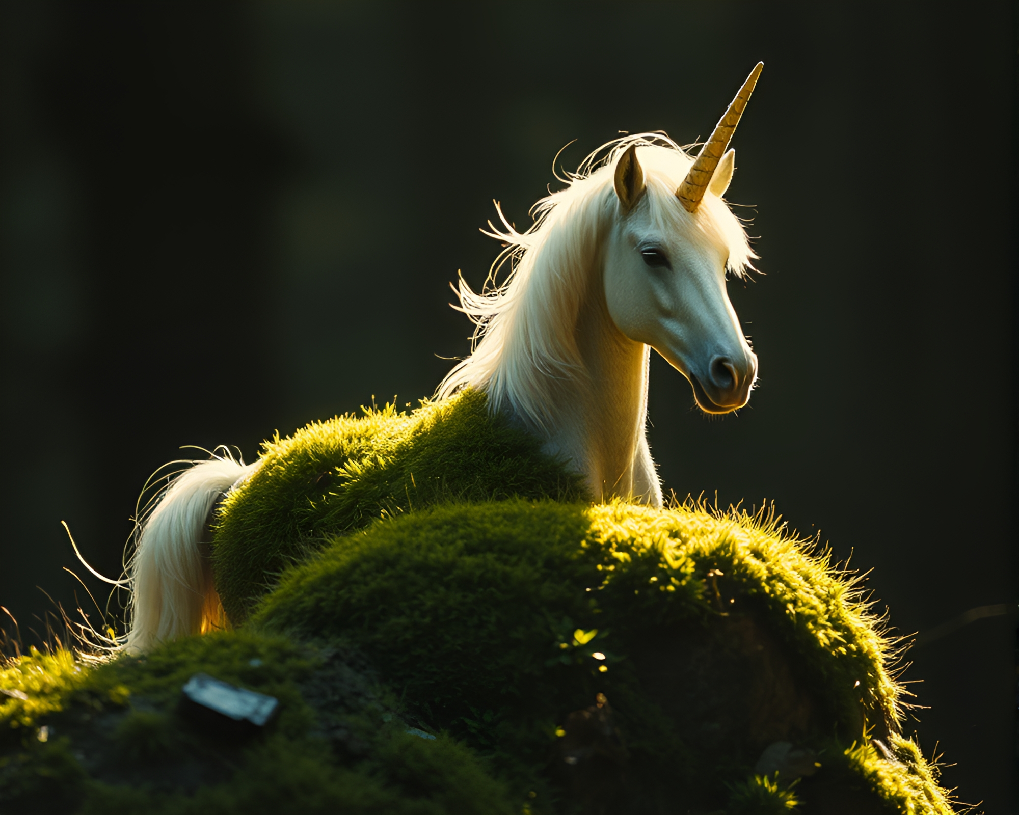 Enchanted Unicorn Amidst Moss Growth in Overexposed Glow – free AI stock image