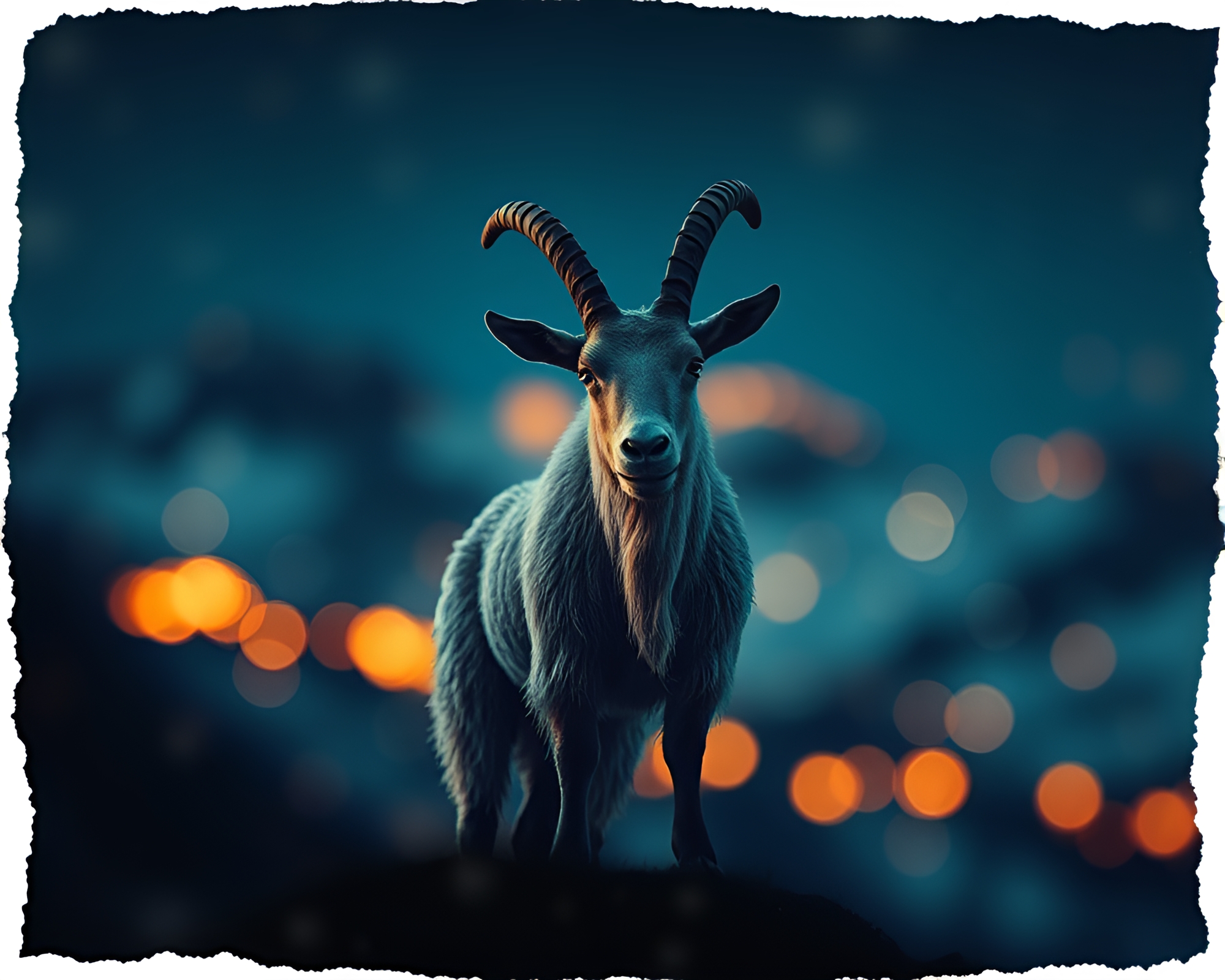 Mountain Goat Silhouette with Torn Pixelated Bokeh Lights – free AI stock image