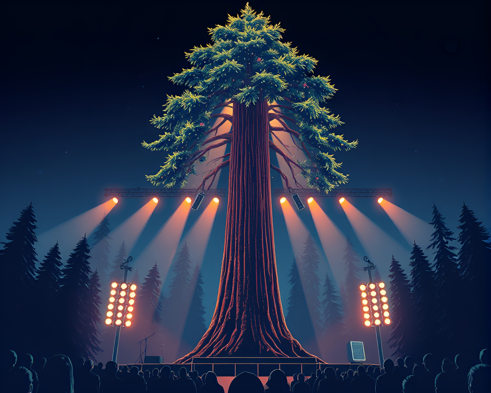 Futuristic Redwood Tree Concert Stage Illustration – free AI stock image