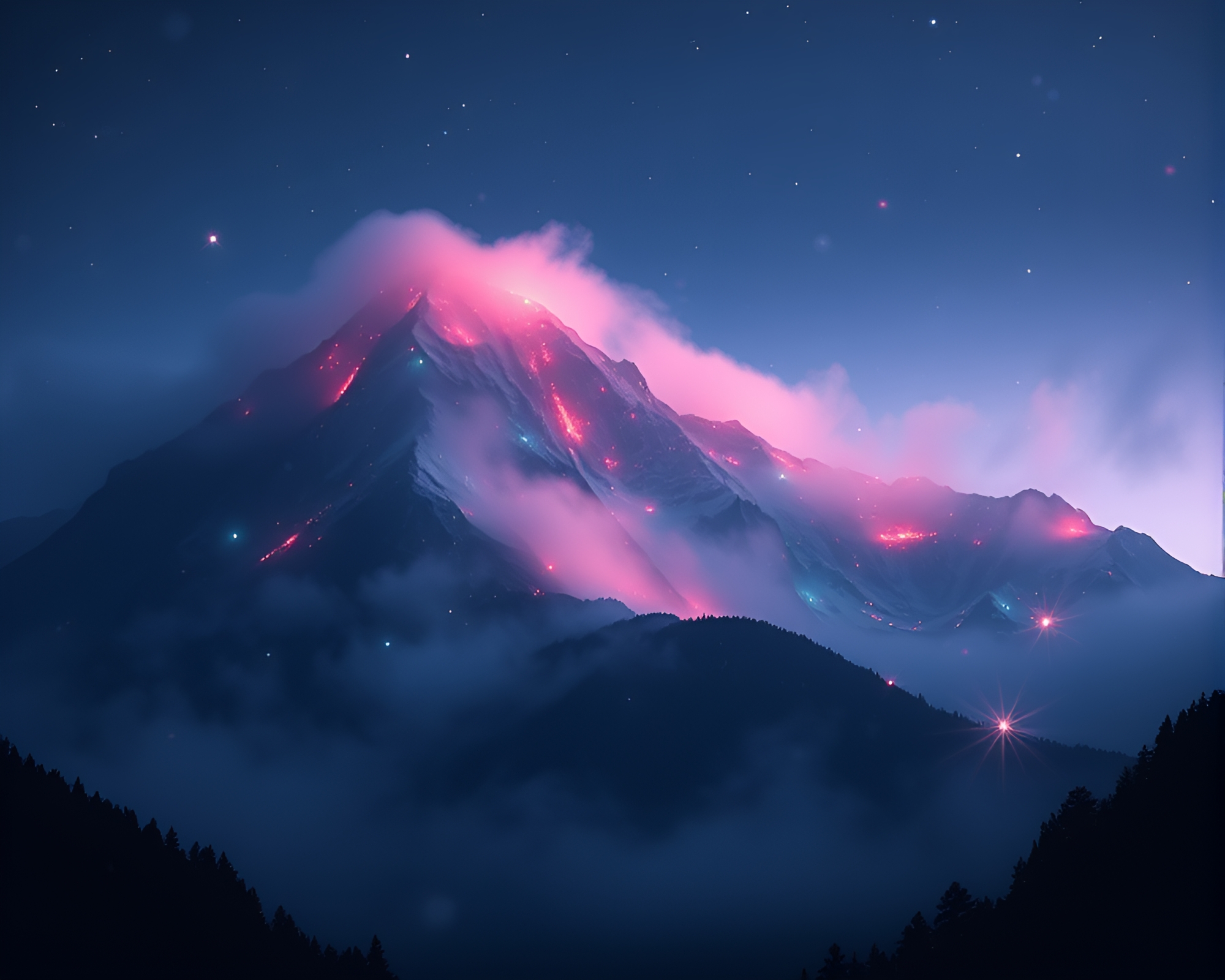 Mystical Mist Mountain: Glowing Kaleidoscope Concept Art – free AI stock image