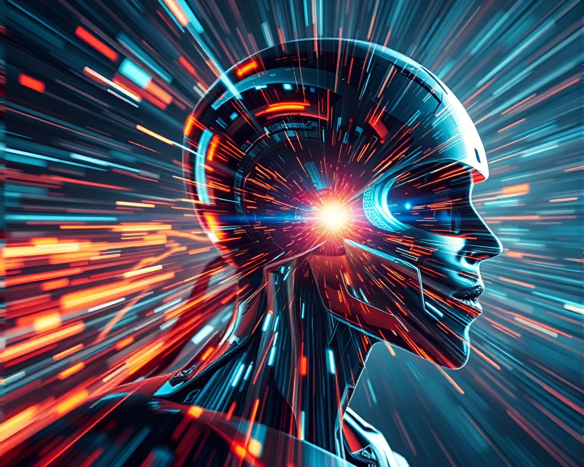 Futuristic Cyborg in Sunbeam Motion Blur Art – free AI stock image