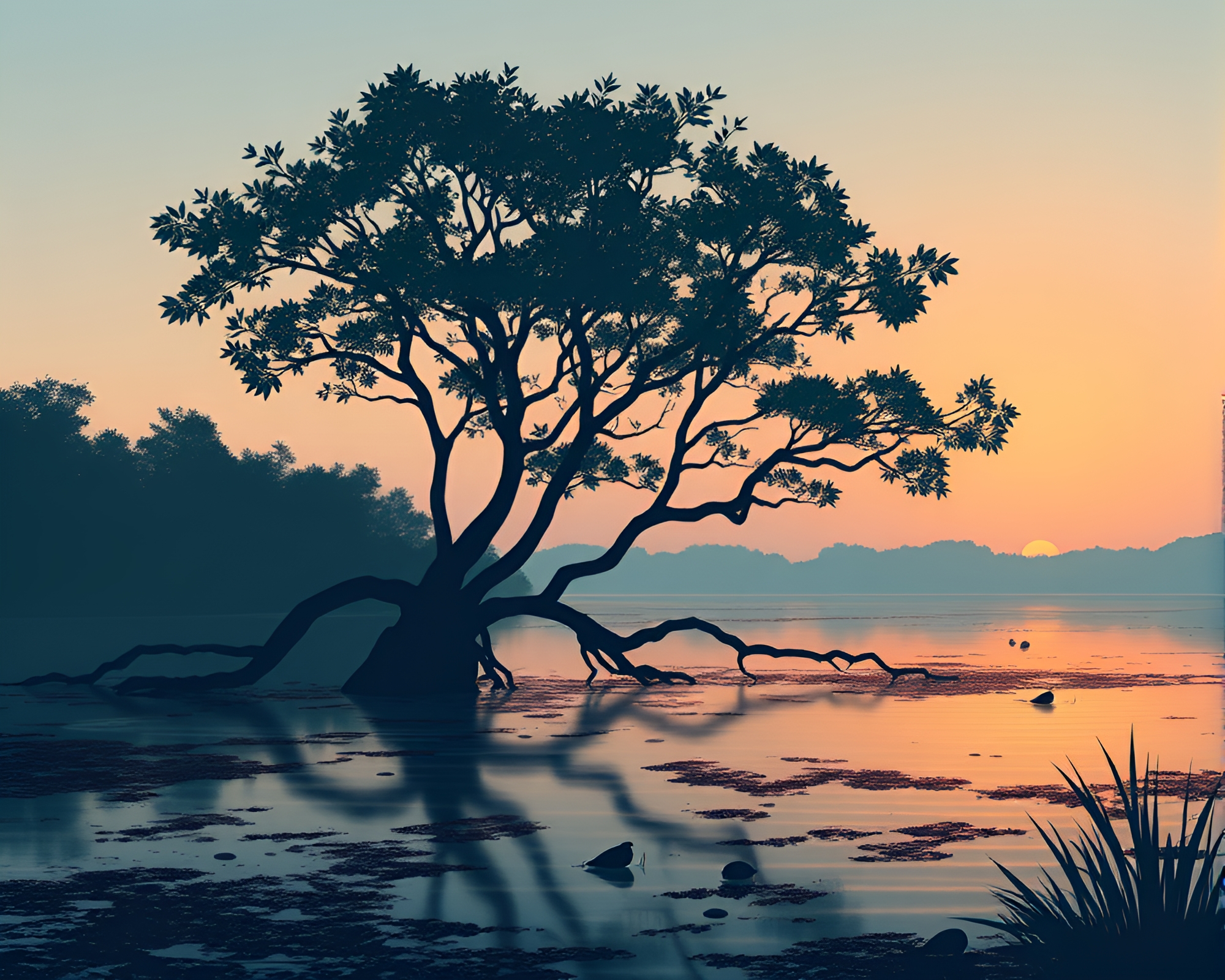 Serene Mangrove Swamp Hatching in Dawn’s Light – free AI stock image