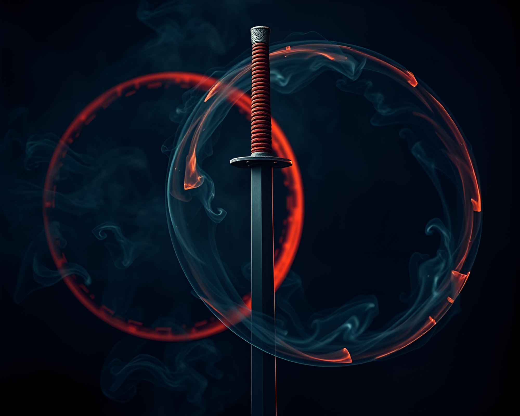 Samurai Warrior Conjuring Enchanted Smoke Rings in Spotlight – free AI stock image