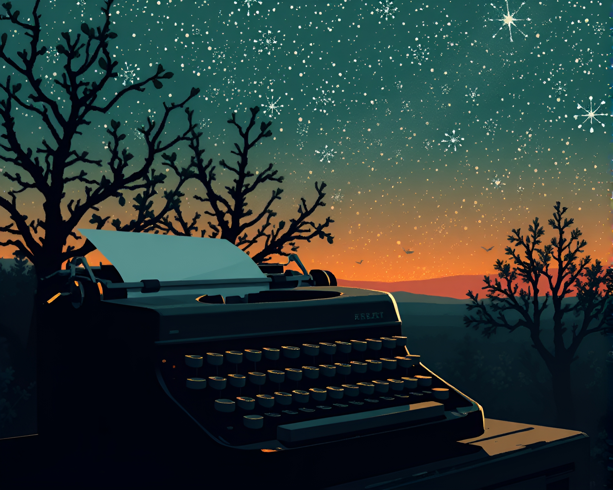 Pixel art portrait of typewriter under starlit sky – free AI stock image