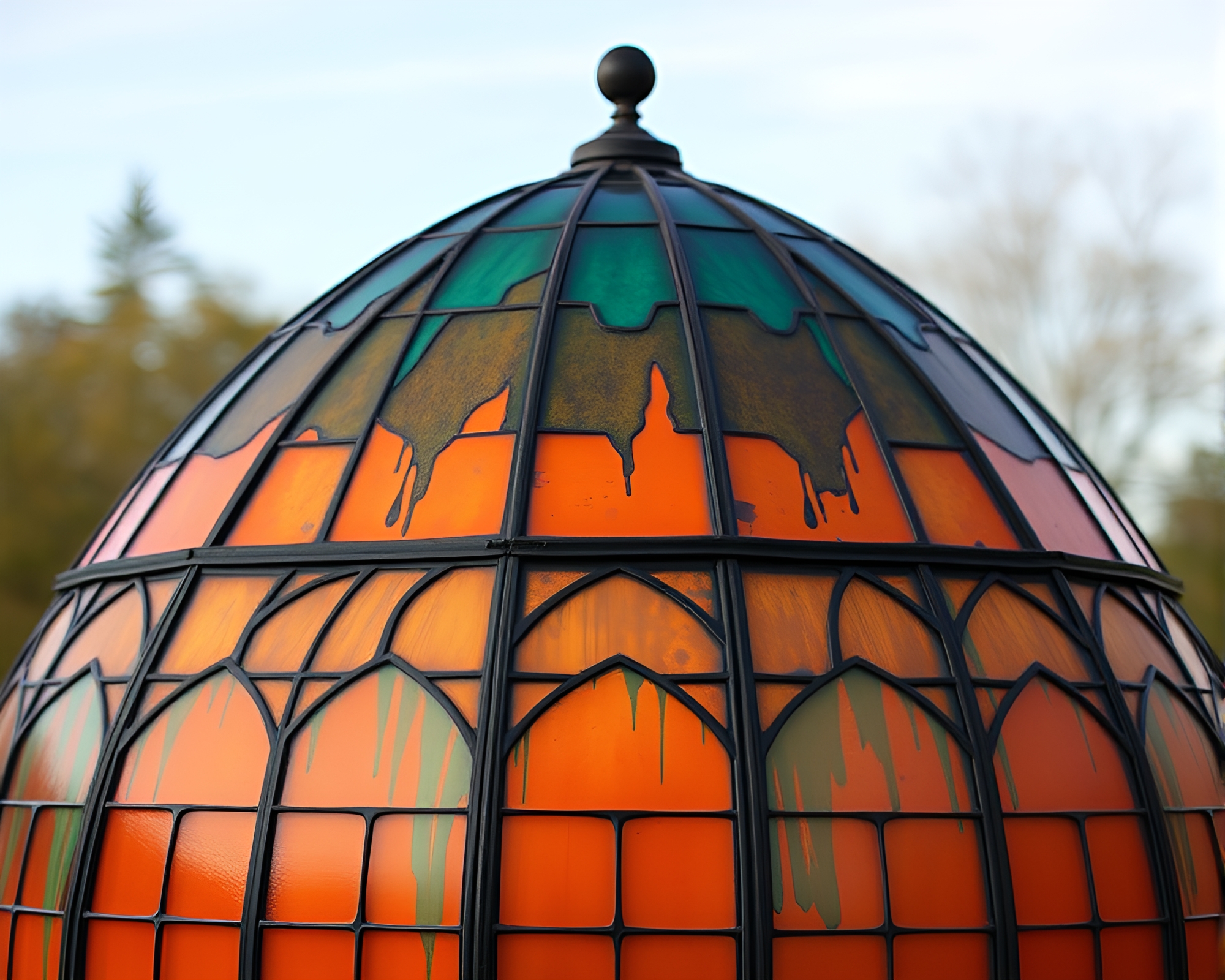 Copper Verdigris Sunset Stained Glass Dome – free AI stock image