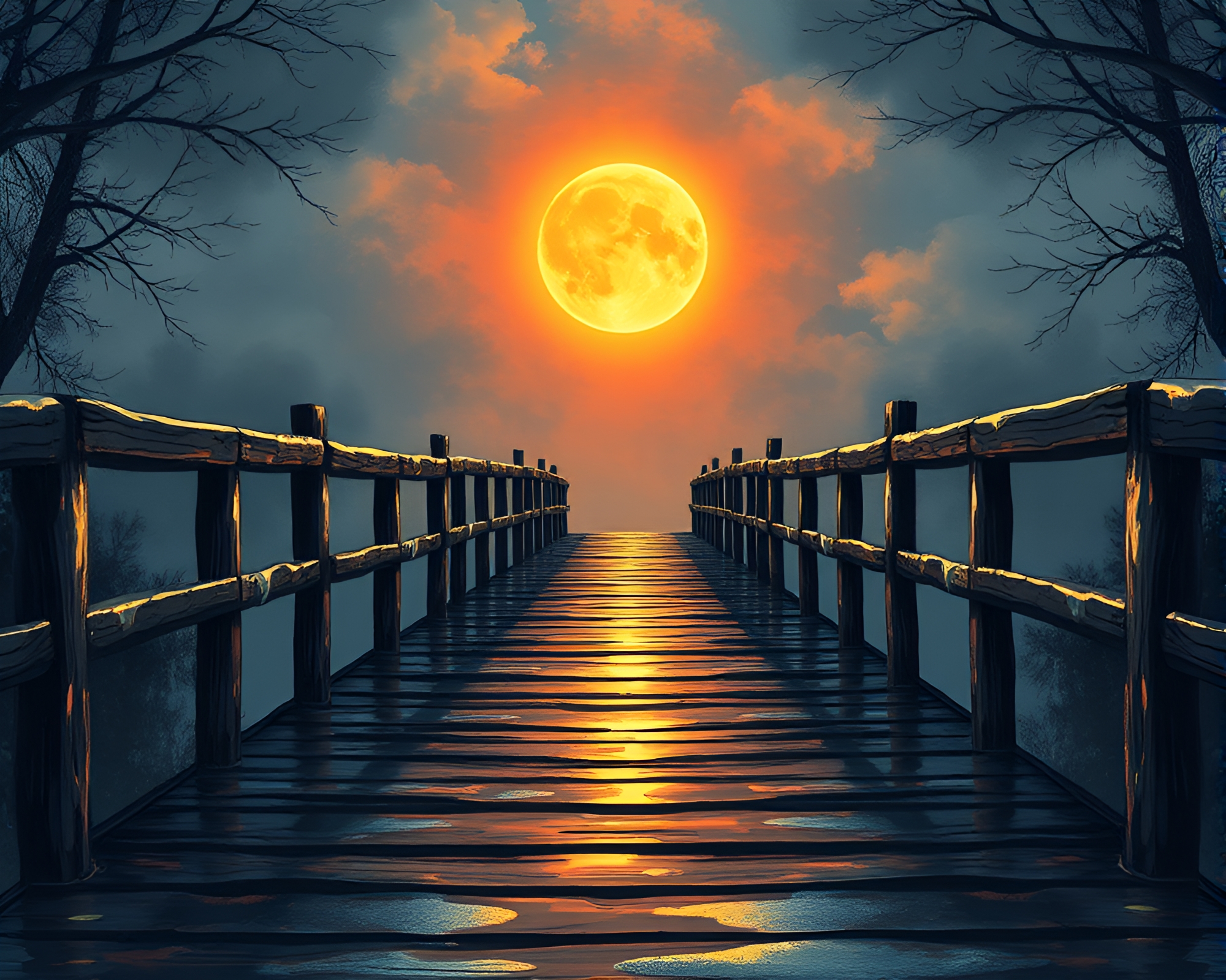 Fantasy wooden bridge under eclipse shadow on wet pavement – free AI stock image
