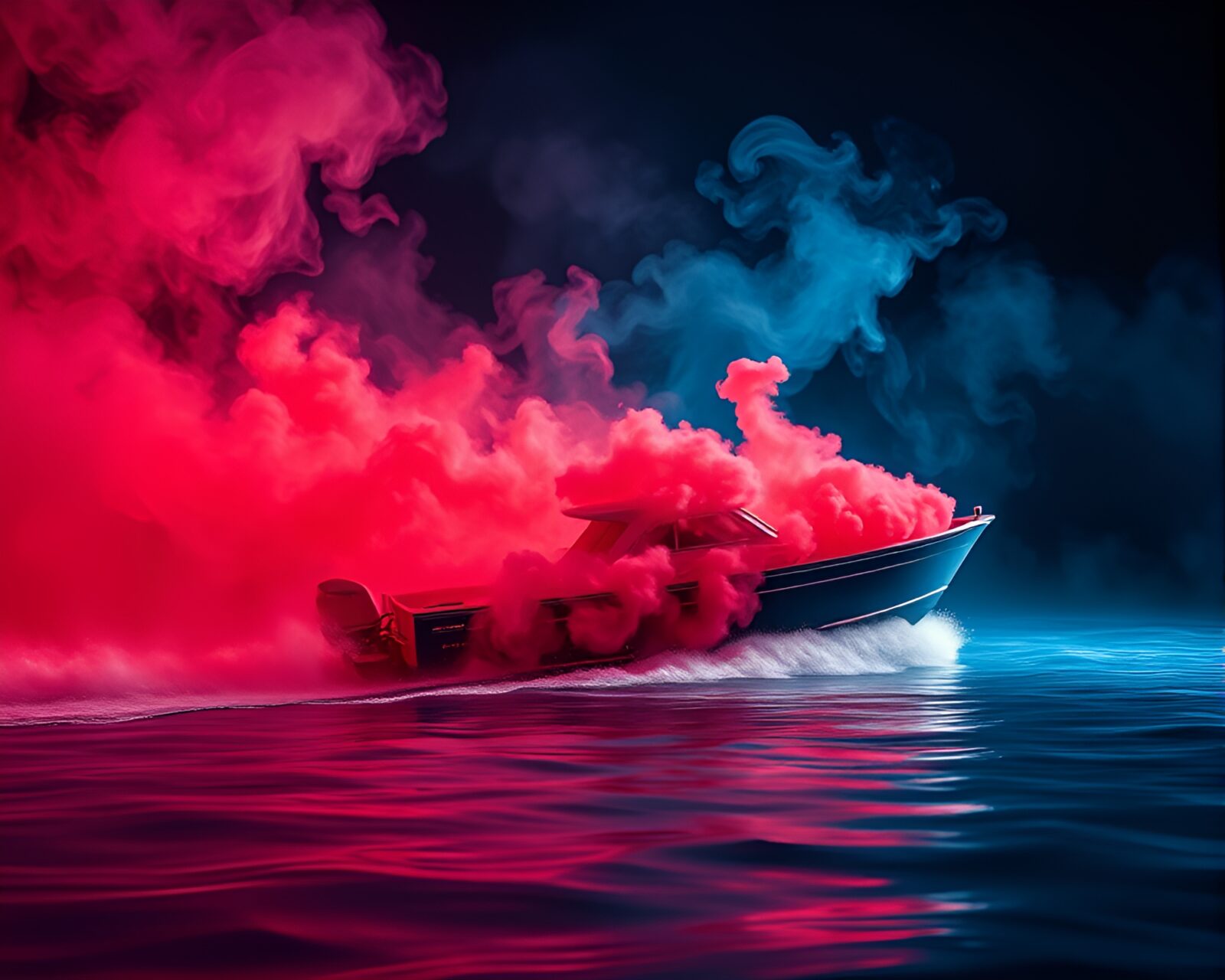Dynamic red-blue themed hydrofoil boat in swirling smoke