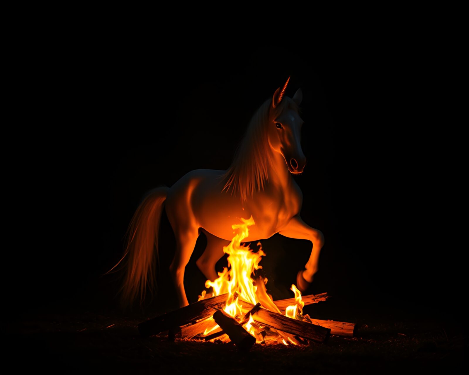 Majestic unicorn surrounded by flora in warm bonfire light