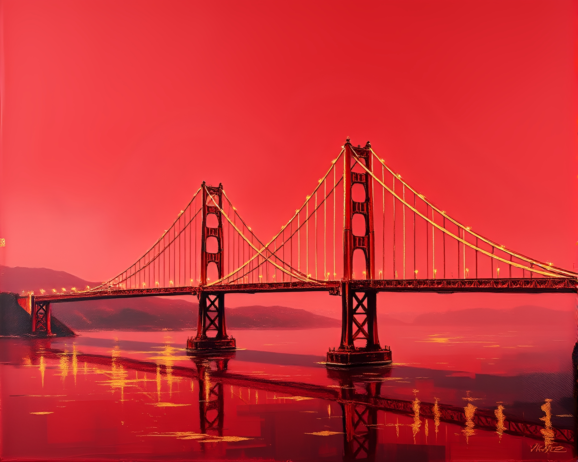 Glass Bridge with Gold Foil Highlights in Ruby Red Contrast – free AI stock image