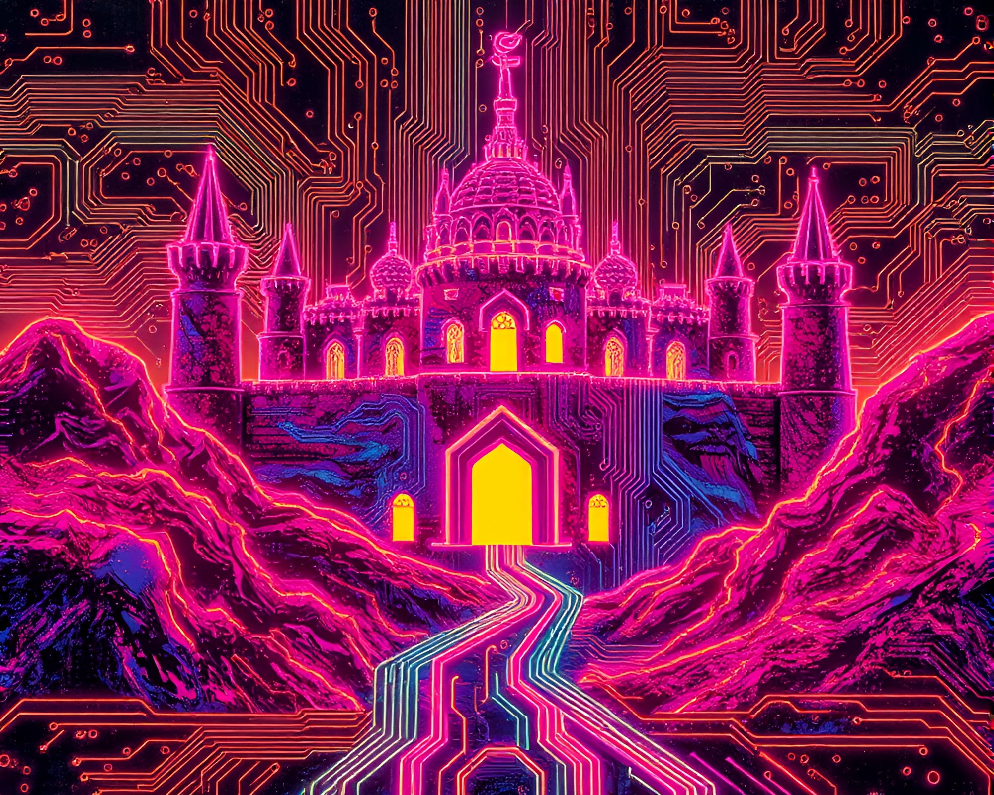 Neon Circuitry in Abandoned Castle – free AI stock image