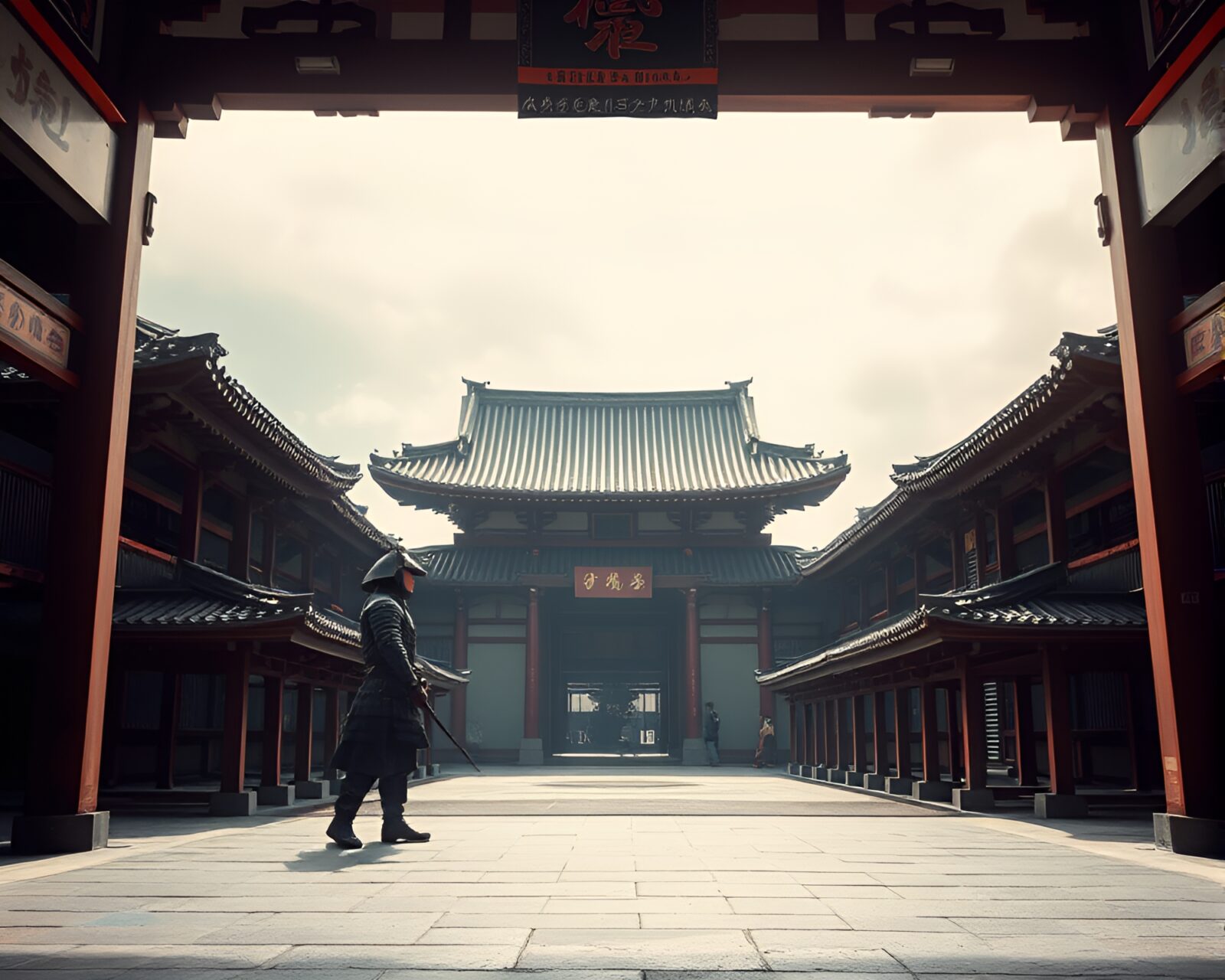 Wide-angle photo of hazy samurai warrior amidst architecture
