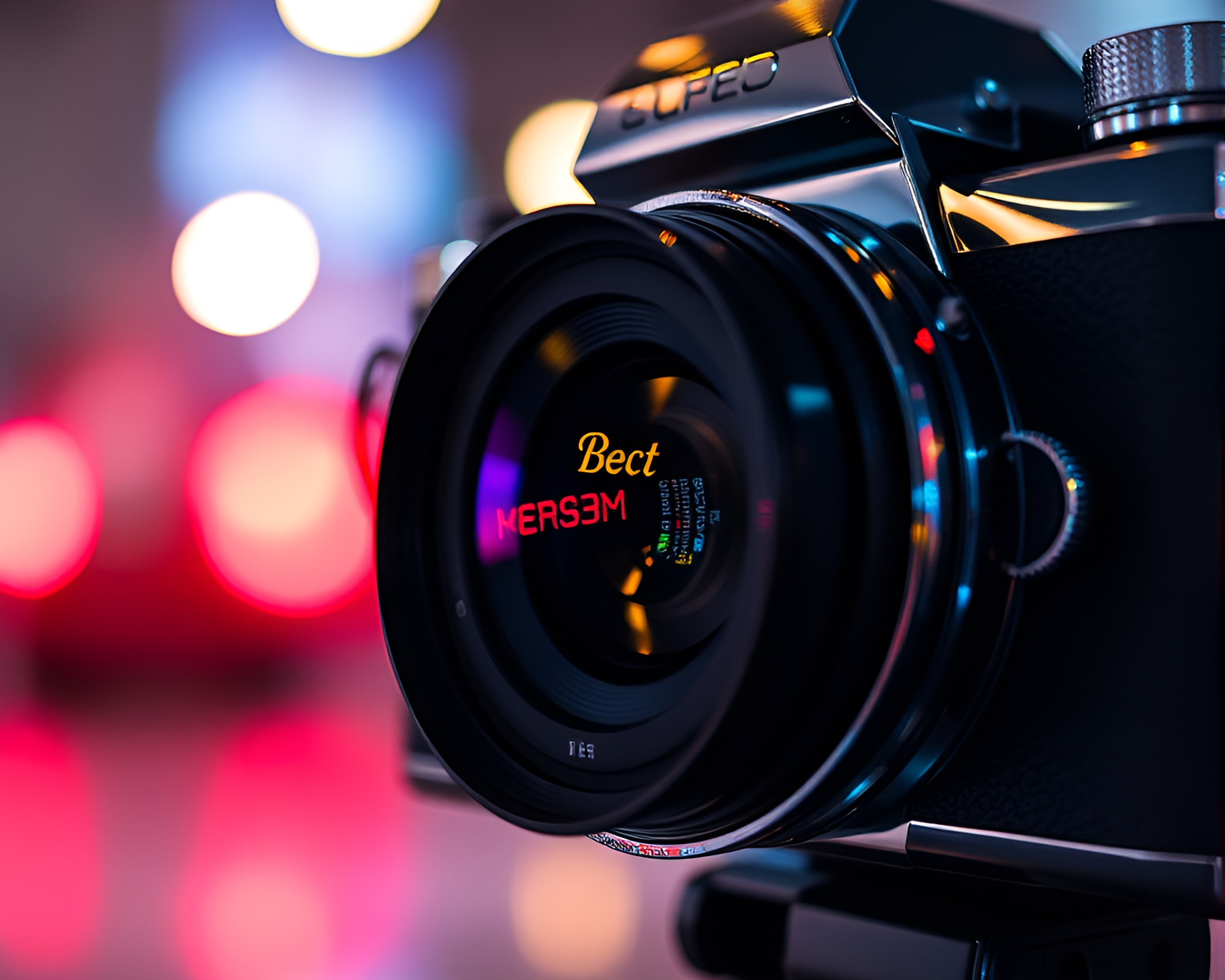 Sleek Camera Blueprint Reflecting Bokeh Lights – free AI stock image