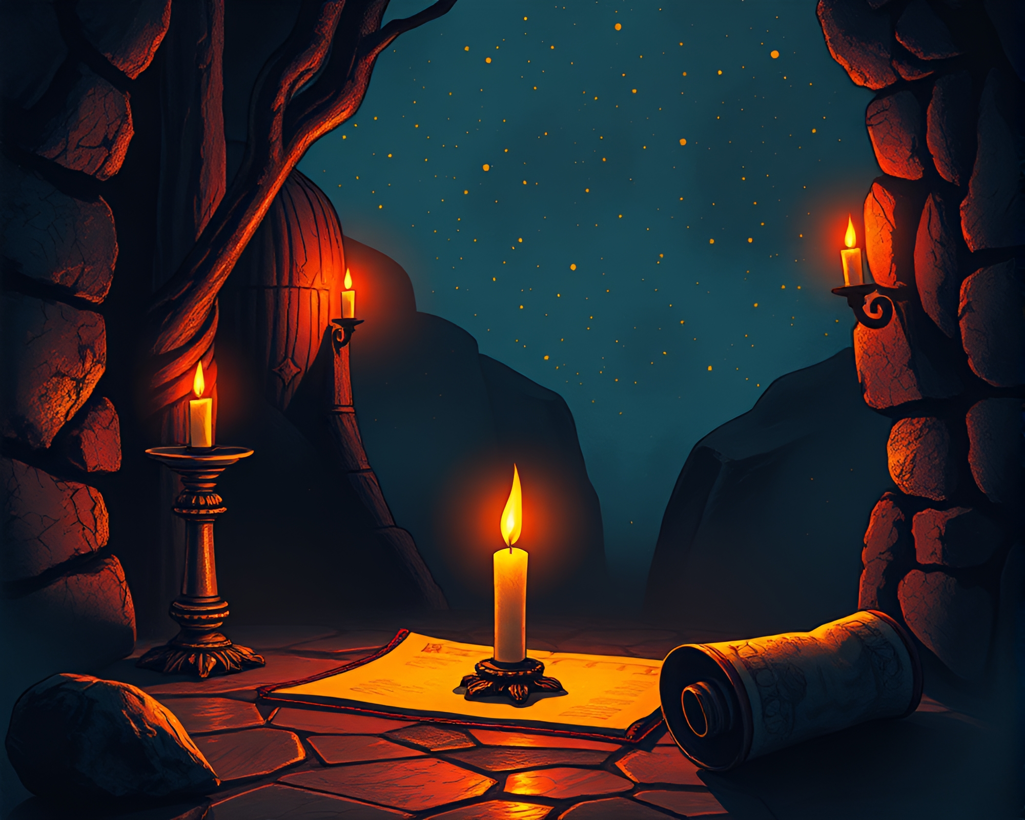 Neon-lit Ancient Scroll Unveiled in Candlelit Serenity – free AI stock image