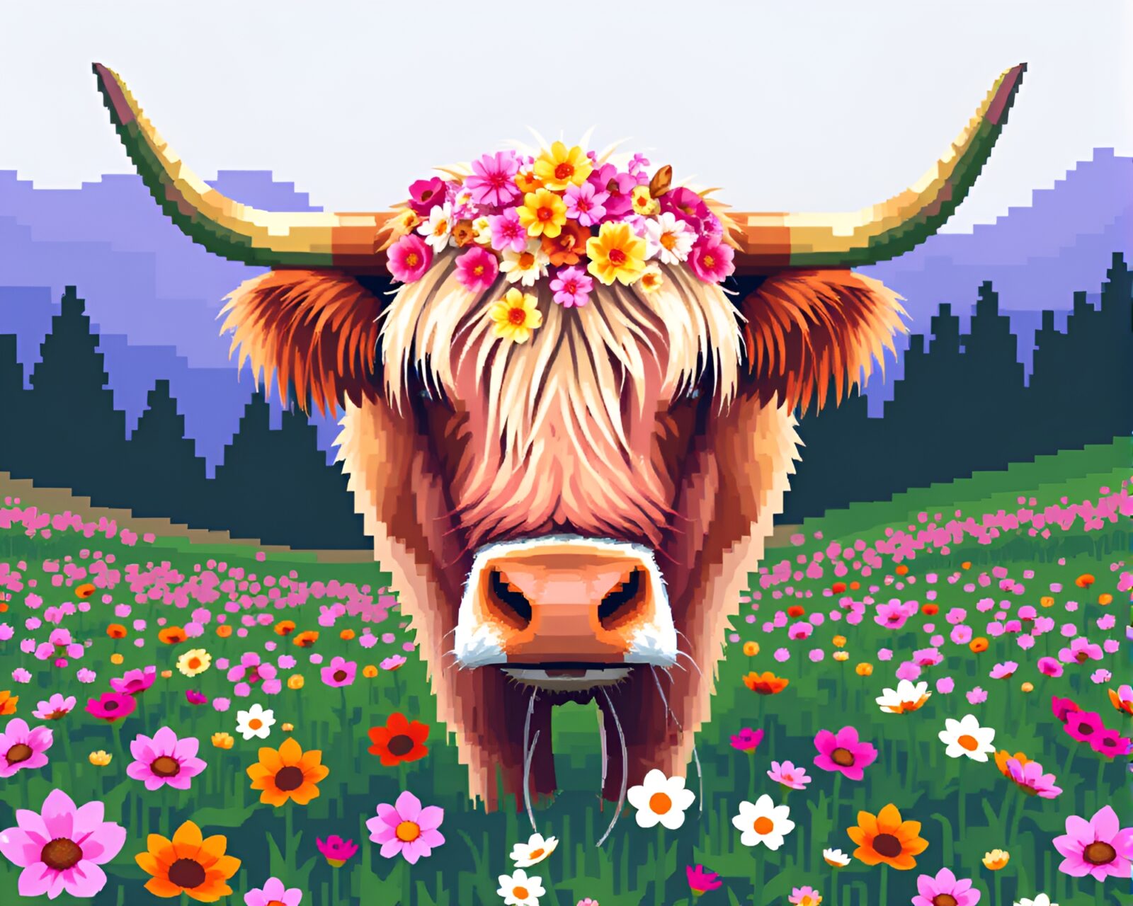 8-bit style Highland cow surrounded by colorful flower petals