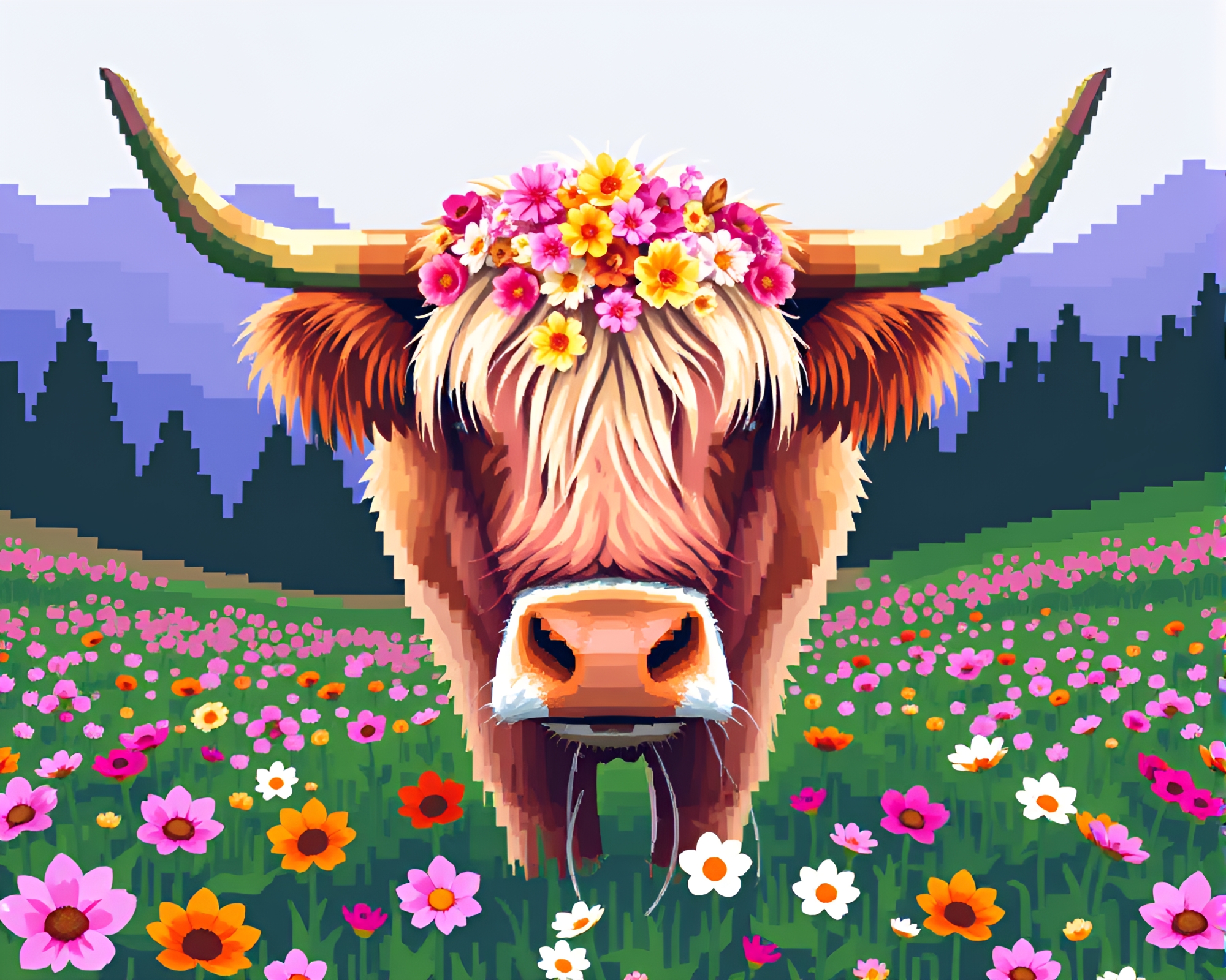 Vibrant glitch highland cow amidst pixelated flower petals – free AI stock image