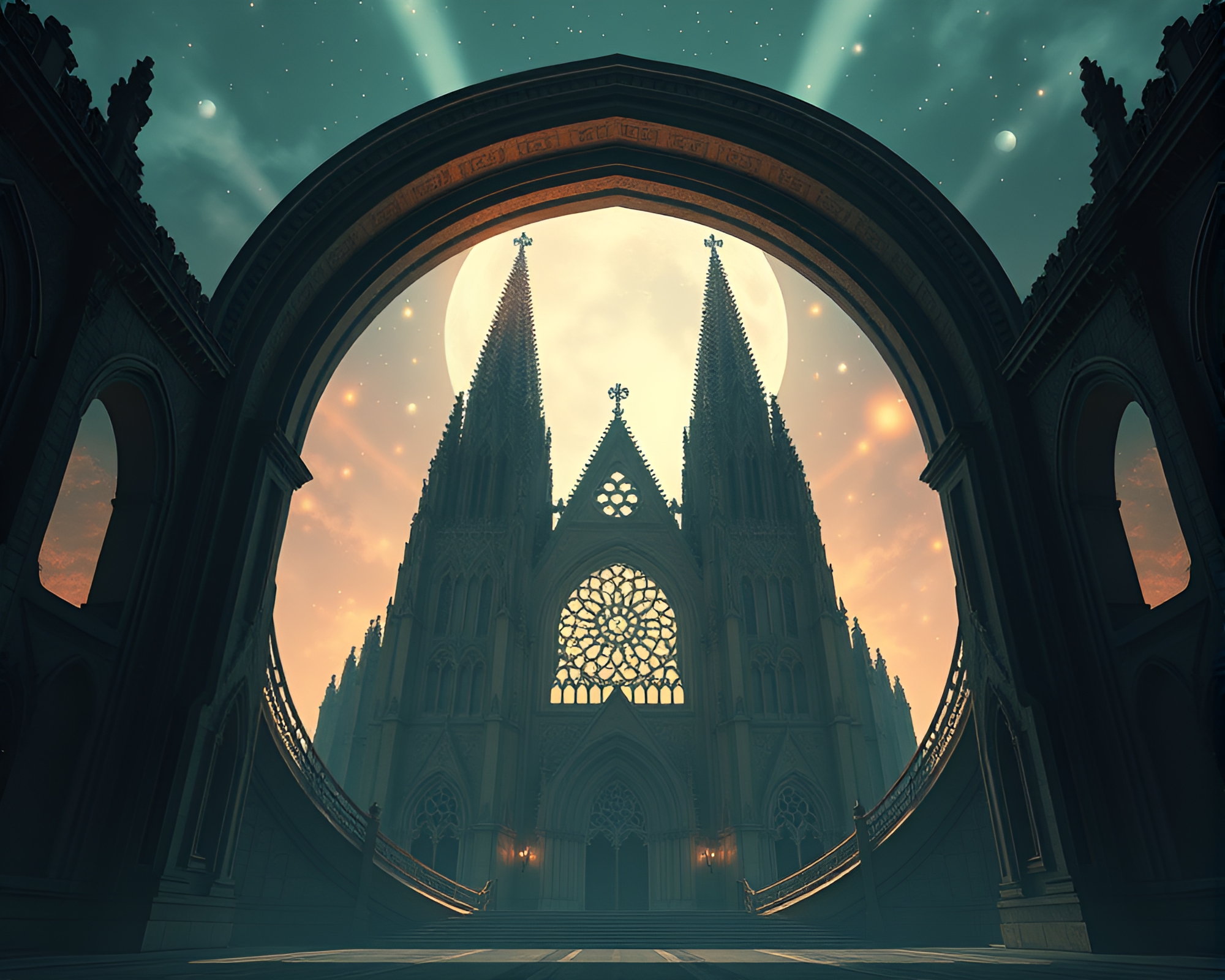 Futuristic Gothic Cathedral Circular Frame Illustration – free AI stock image