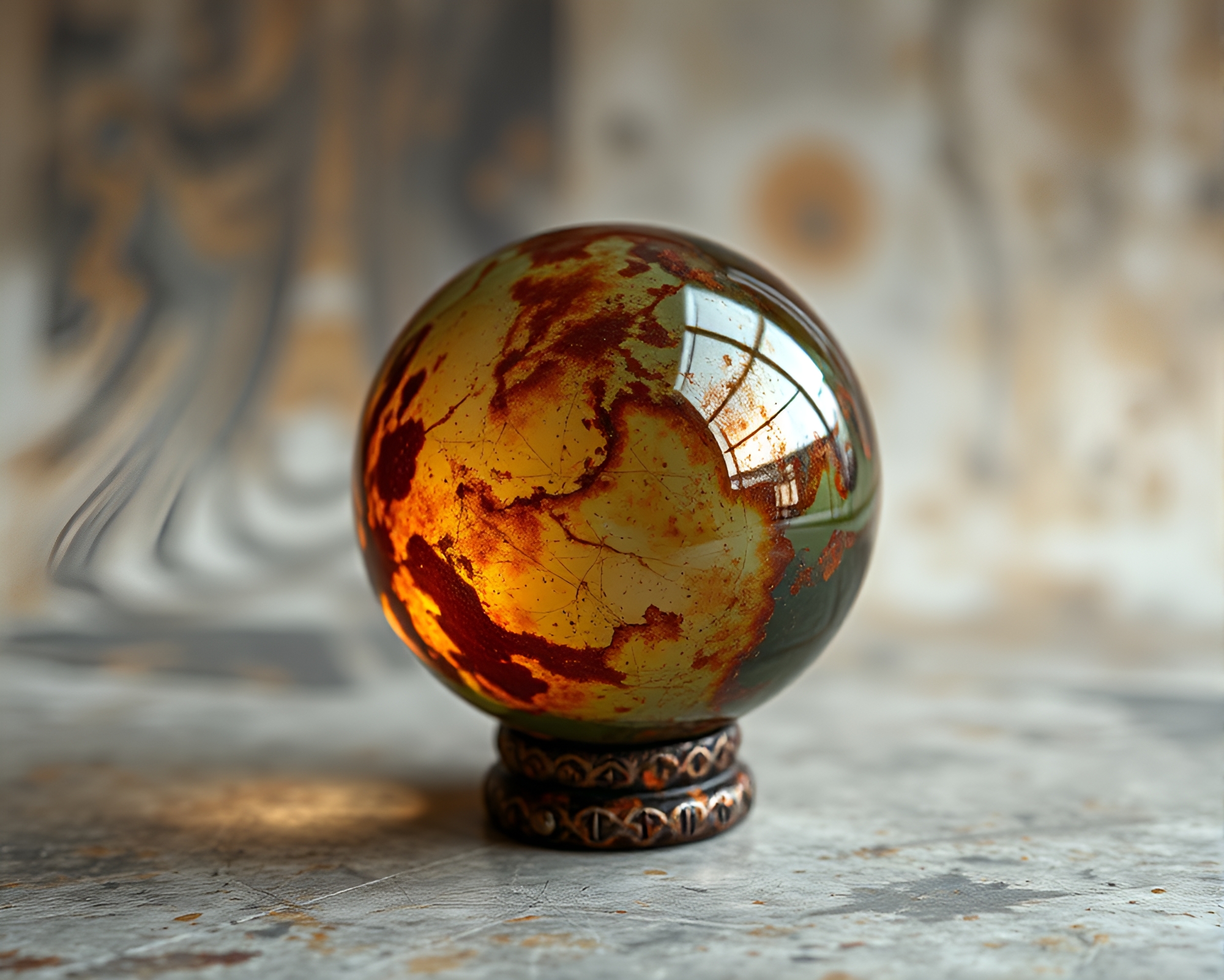 Enchanting Glass Orb with Rust Patina Composition – free AI stock image