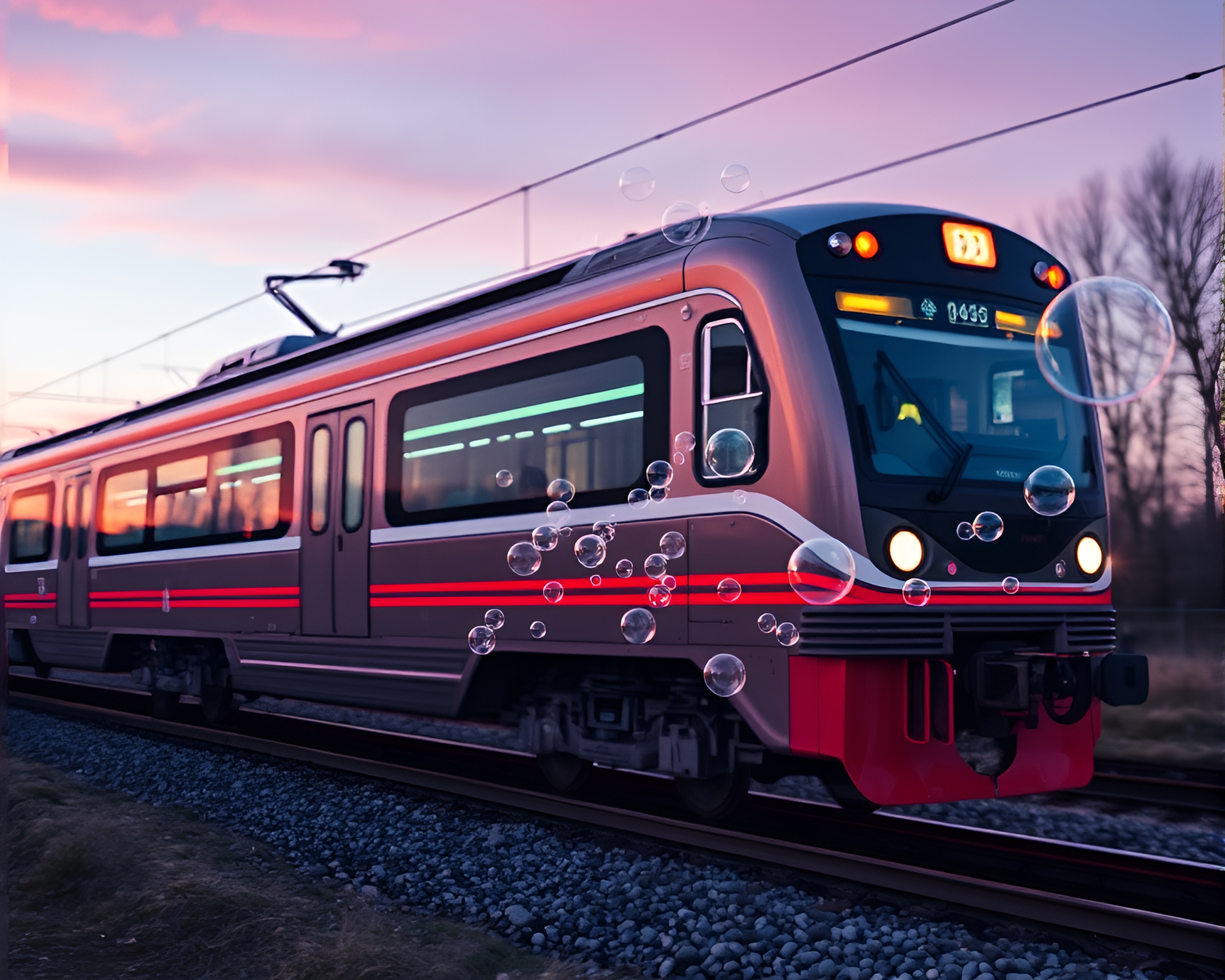 Magnetic Levitation Train Among Soft Pastel Bubble Clusters – free AI stock image